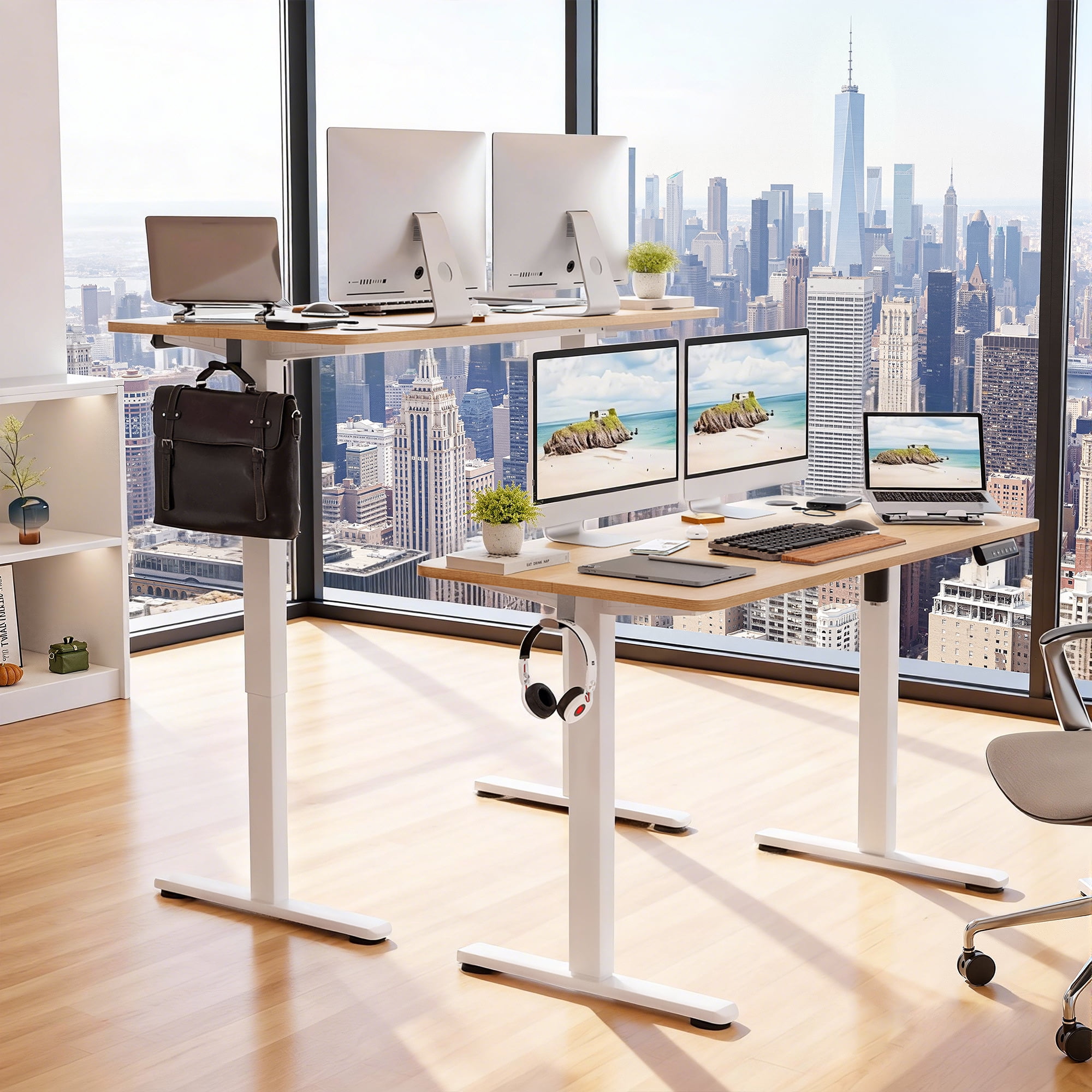 MAYEERTY 48×24" Electric Height-Adjustable Desk, Sit Stand Desk with Side Hooks for Home & Office, Nature