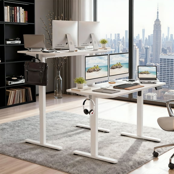 MAYEERTY 48×24" Electric Height-Adjustable Desk, Sit Stand Desk with Side Hooks for Home & Office, White