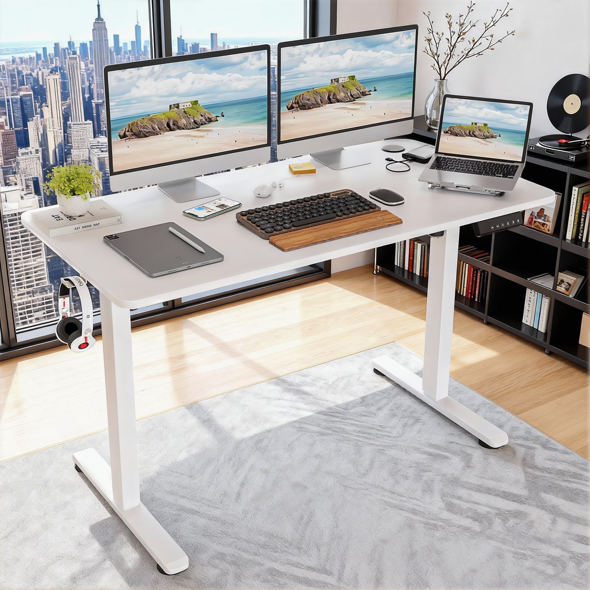 MAYEERTY 48*24" White Electric Standing Home Office Desk with Splice Board, Adjustable Height Sit-Stand Desk