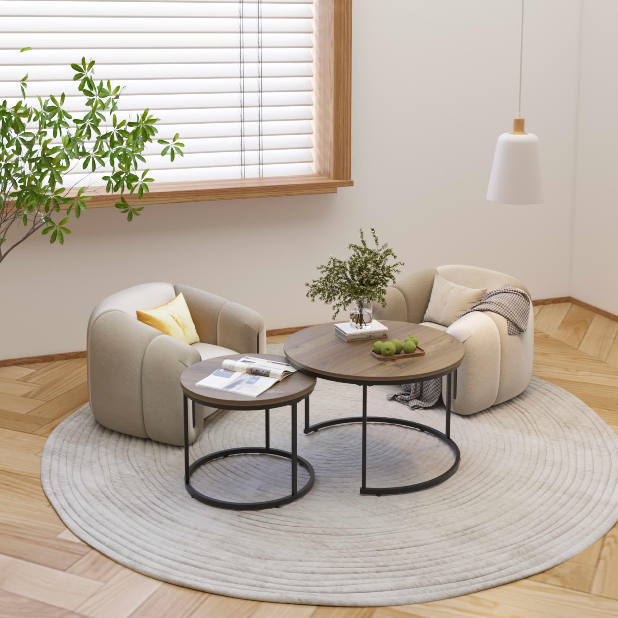 MAYEERTY 27.6" Nesting Coffee Table Set of 2, Round Wood Marble Top & Sturdy Metal Frame for Balcony Yard, Brown