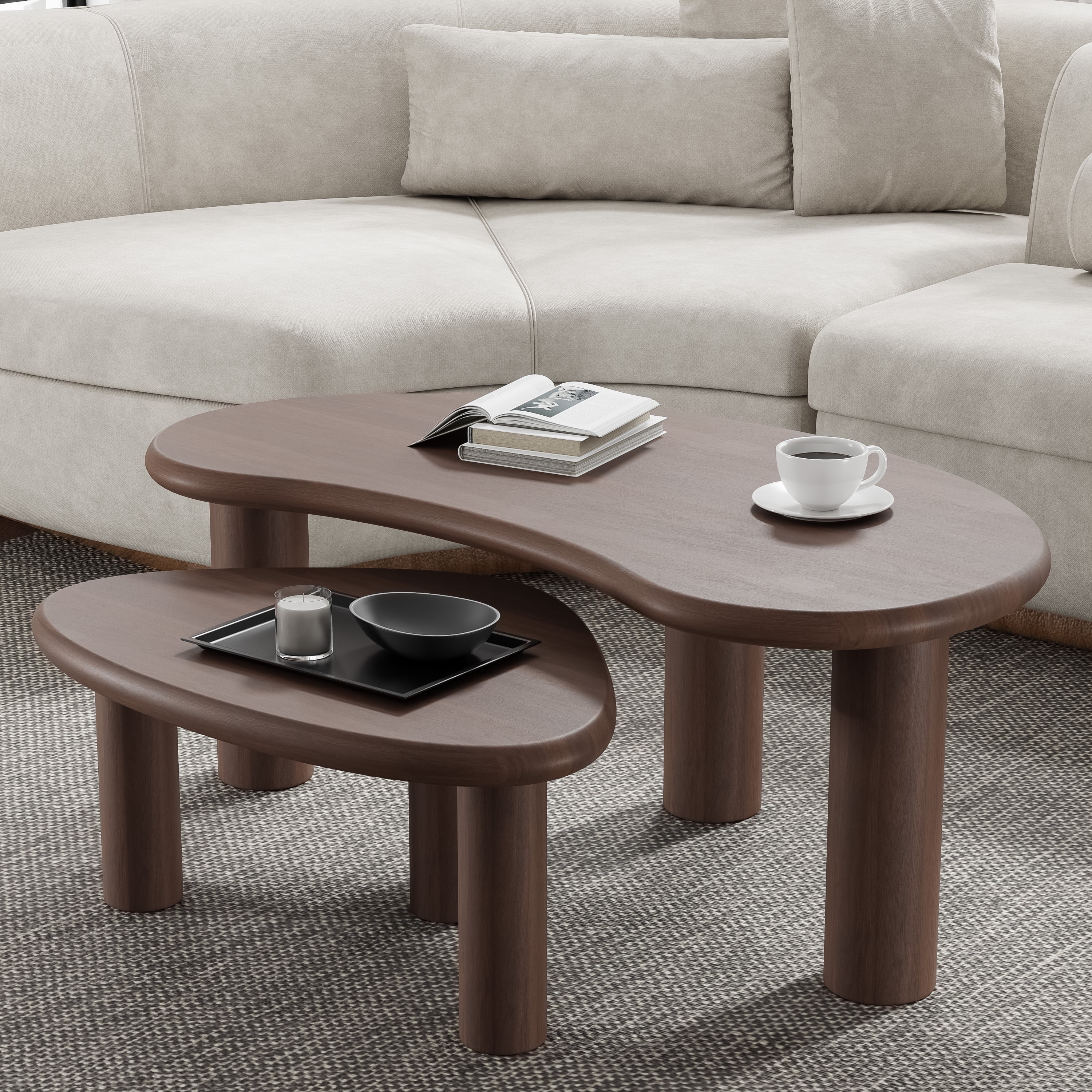 MAYEERTY 48" Cashew - Shaped Coffee Table Set, Modern Solid Wood Irregular Side Table for Living Room, Walnut