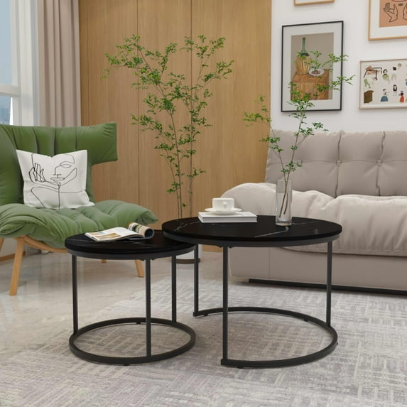 MAYEERTY 27.6" Nesting Coffee Table Set of 2, Round Wood Marble Top & Sturdy Metal Frame for Balcony Yard, Black