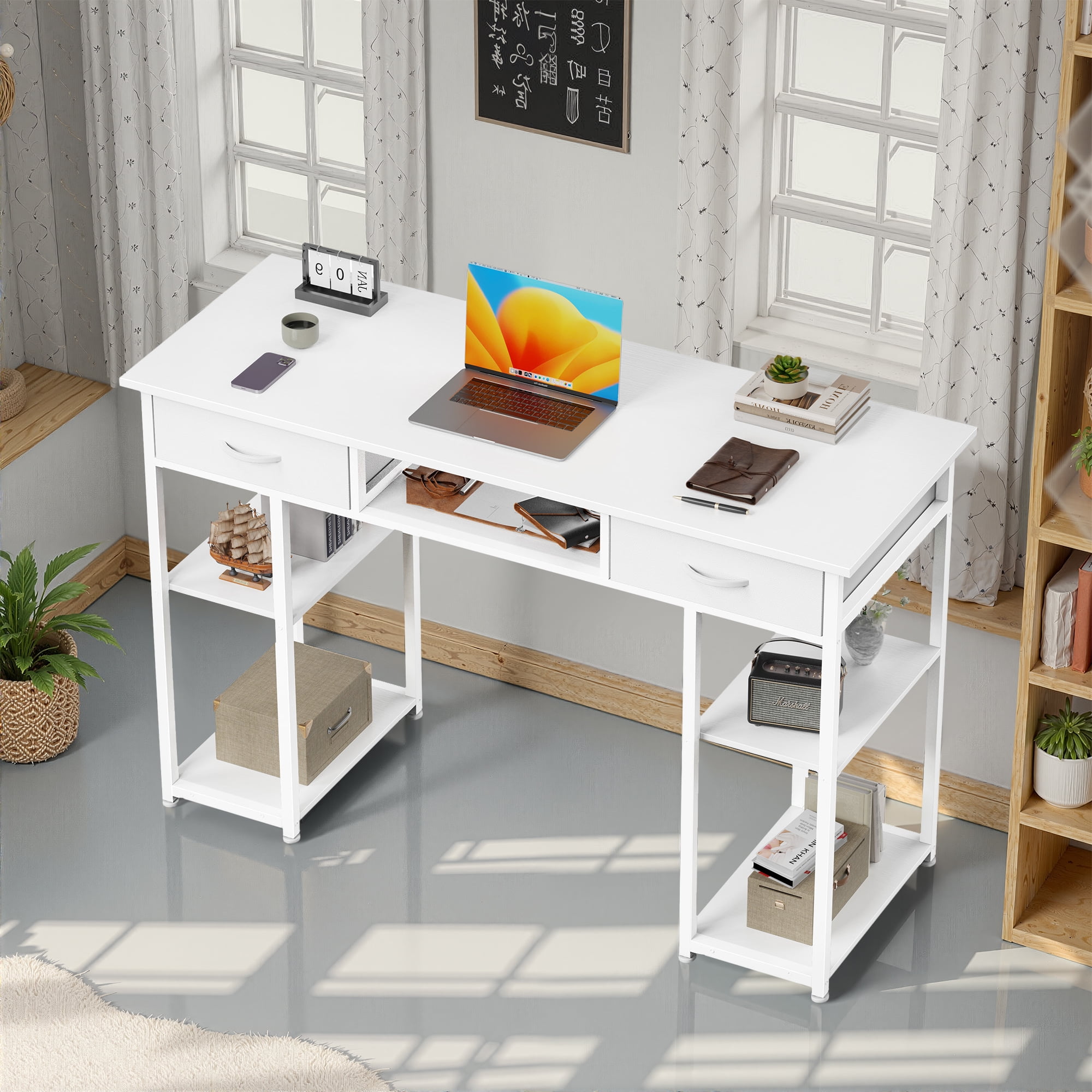 MAYEERTY 48in Adjustable Small Computer Desk, Metal Writing Study Table with Storage and Headphone Hook, Home Office