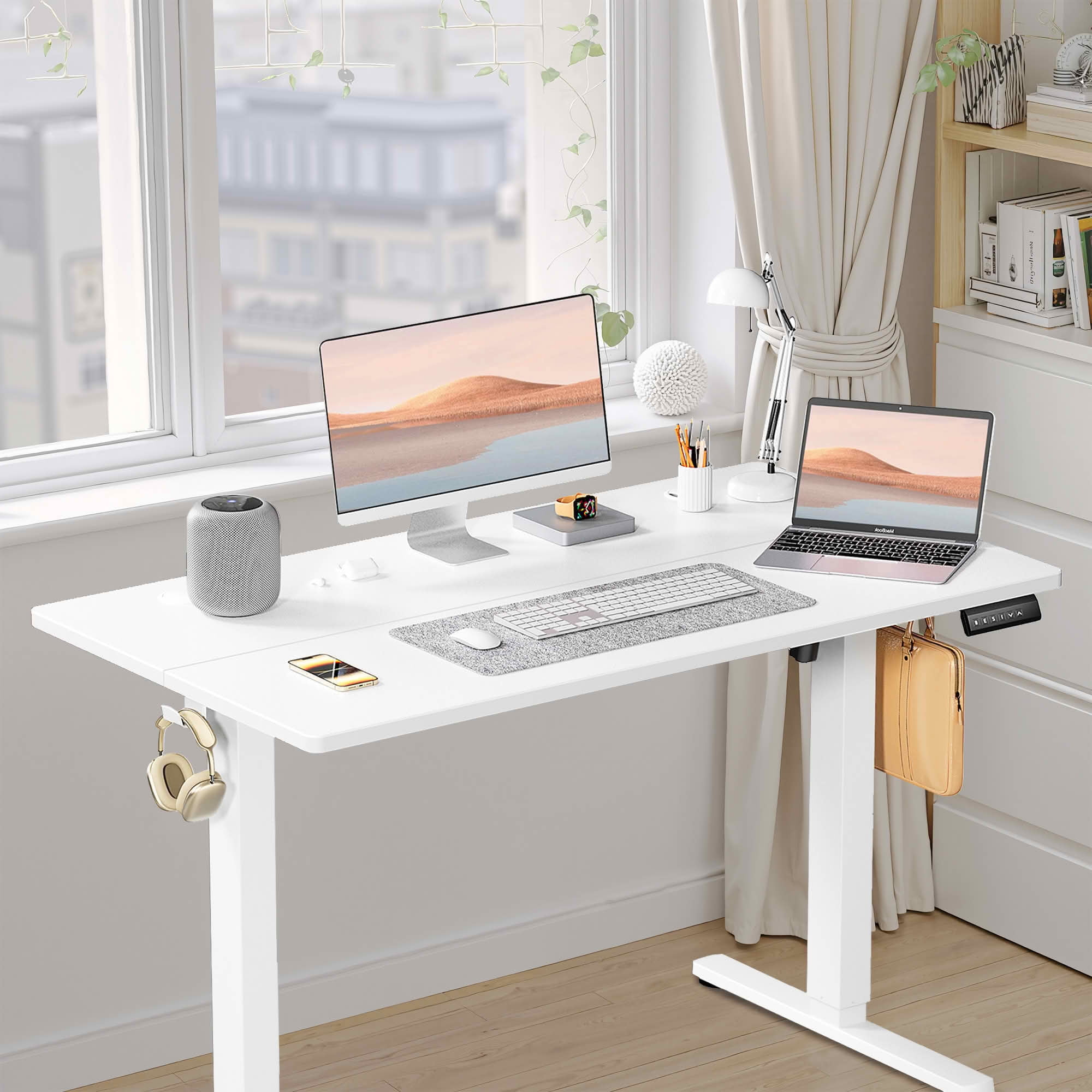 MAYEERTY 48x24 Ergonomic Height Adjustable Desk, T-Shaped Metal Bracket, Computer Workstation, White