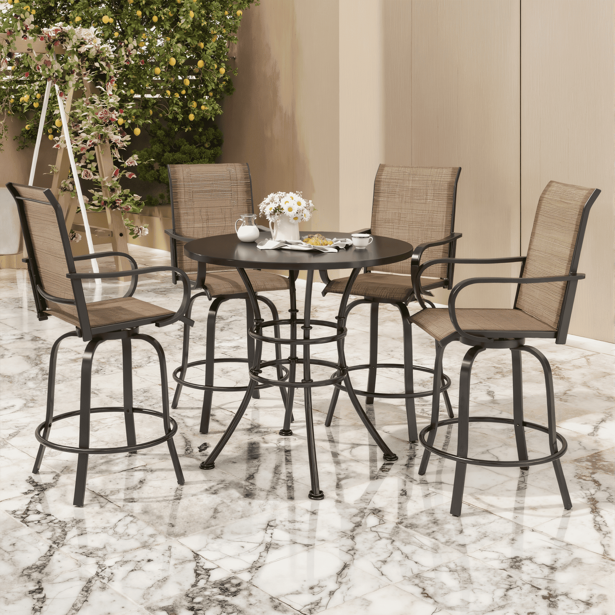 MAYEERTY 4-Piece Outdoor Bar Height Tall Stools Set,Textilene,360°Swivel, Ergonomic for Balcony, Brown