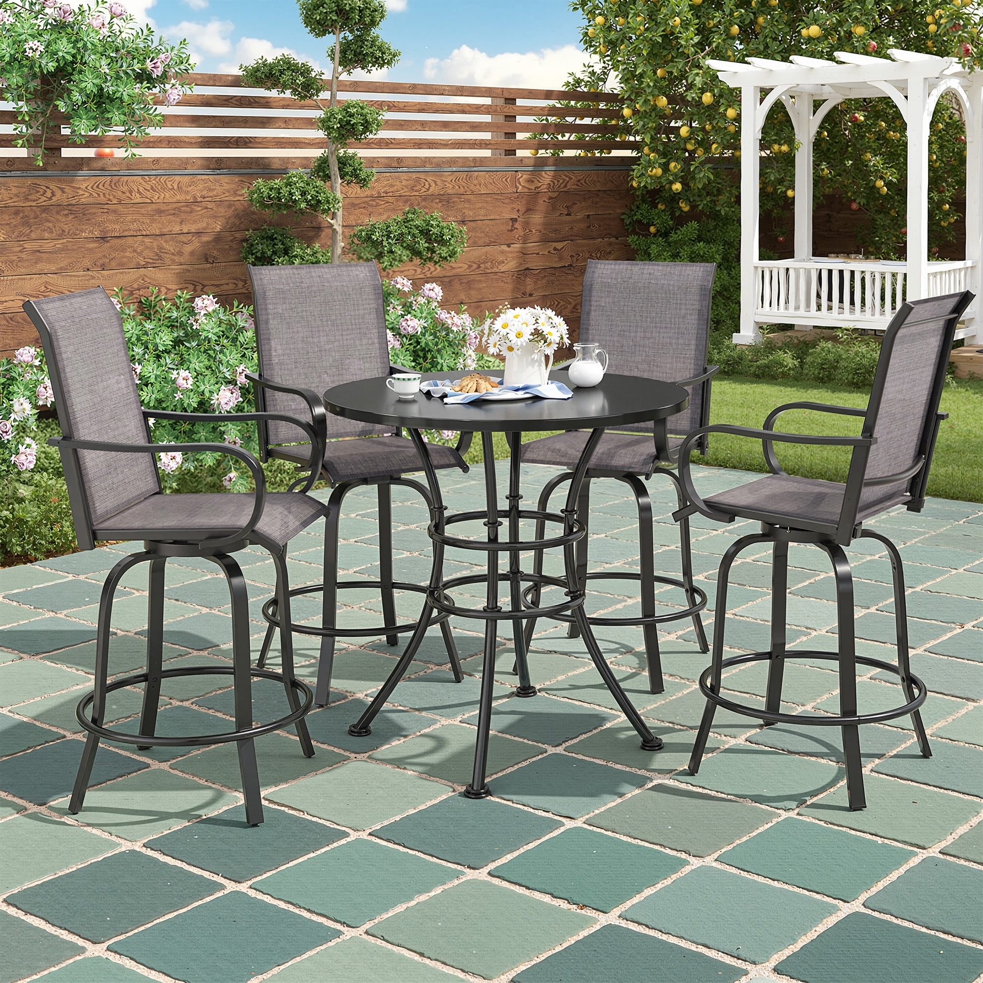 MAYEERTY 4-Piece Outdoor Bar Height Tall Stools Set,Textilene,360°Swivel, Ergonomic for Balcony, Gray