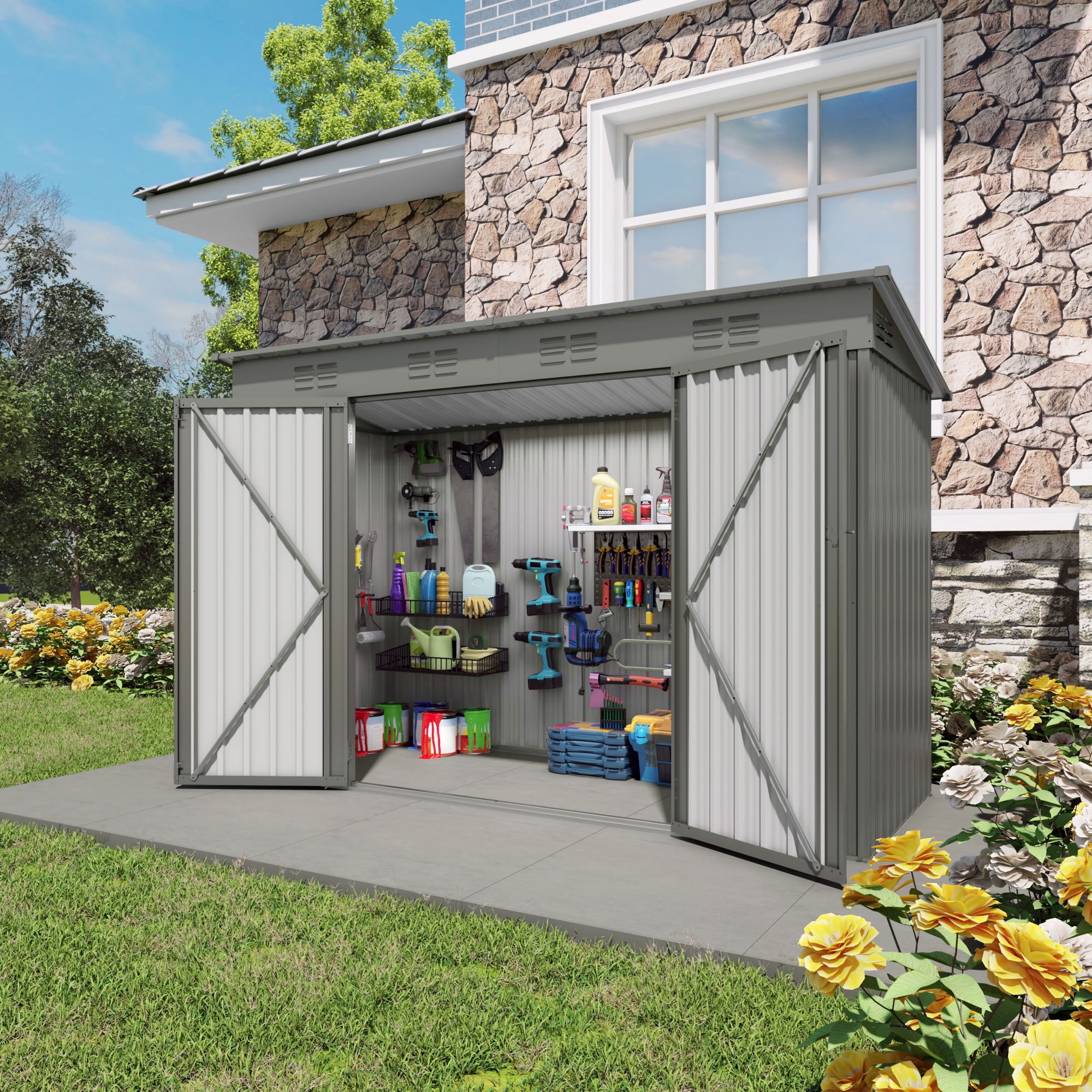 MAYEERTY 4x9 FT Metal Outdoor Storage Shed, Galvanized Steel Garden Shed with 6 Vents & Lockable Doors, for Backyard, Garden, Patio & Lawn