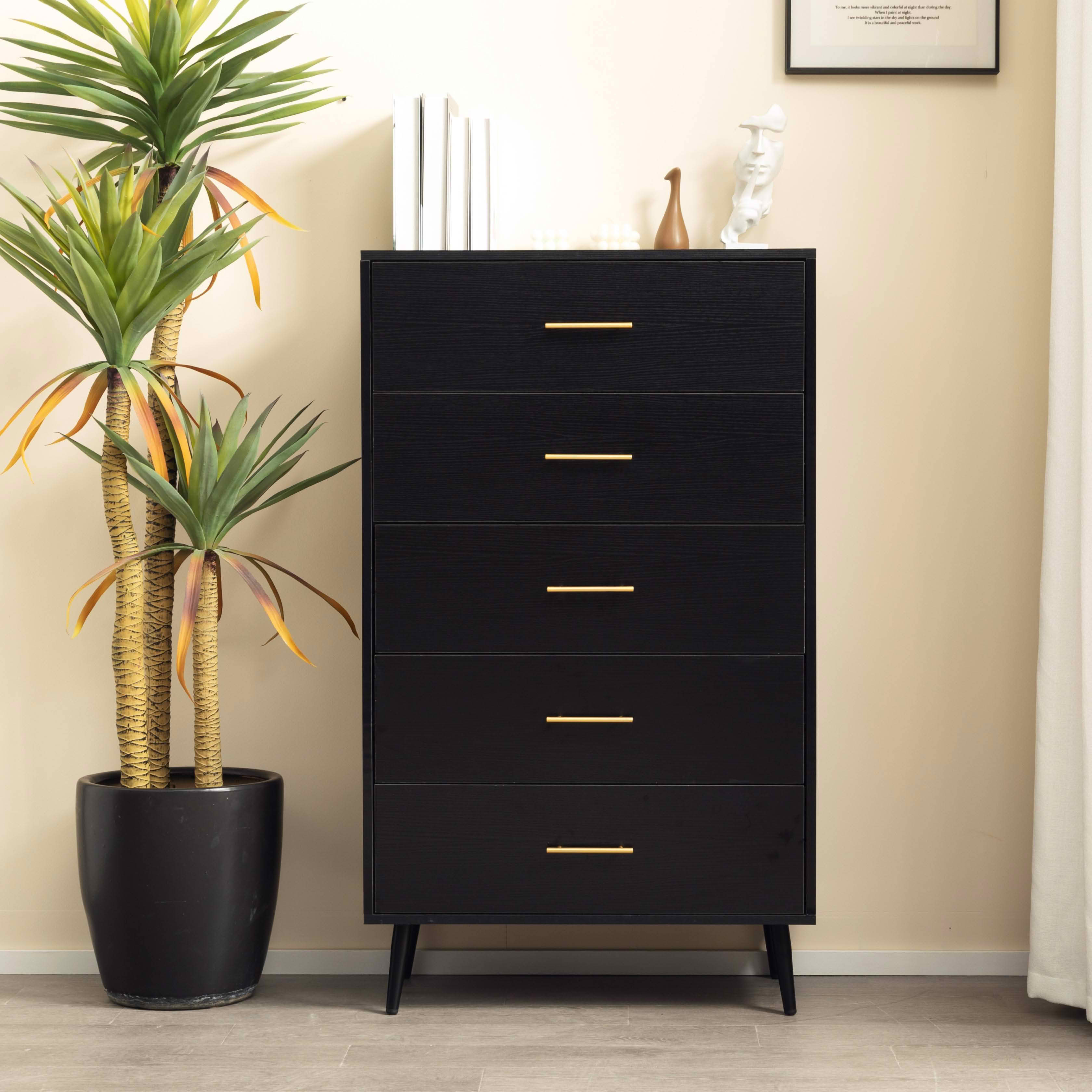 MAYEERTY 5-Drawer Chest, Modern Ash Wood Grain Storage Cabinet with Gold Metal Handles Tapered Legs
