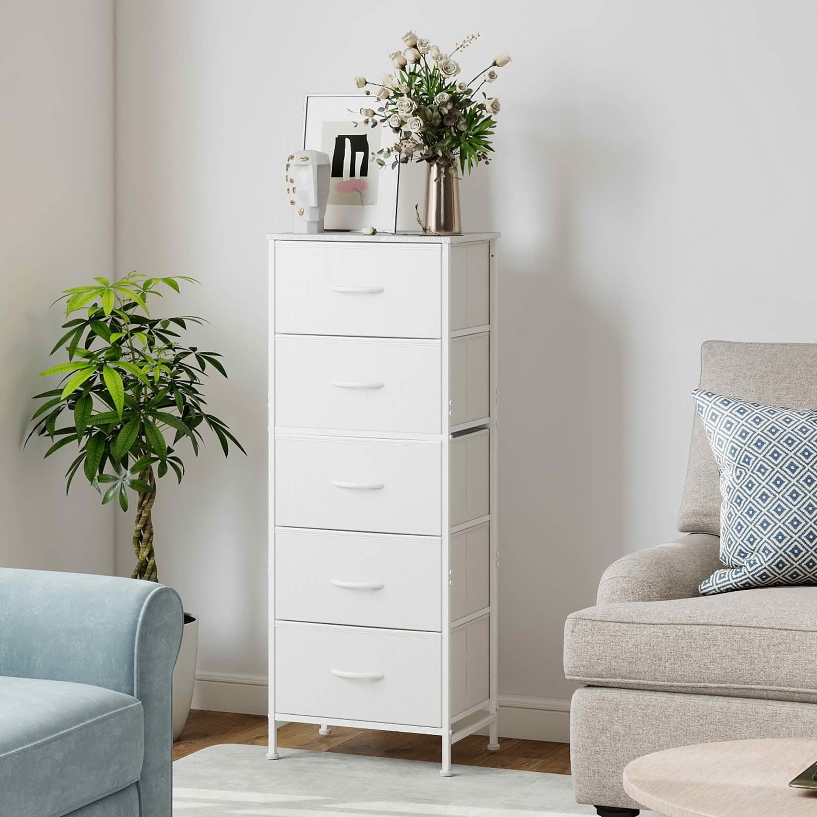MAYEERTY 5 Drawer Fabric Dresser with Wooden Top, Steel Frame Storage Chest Organizer for Bedroom Nursery Entryway