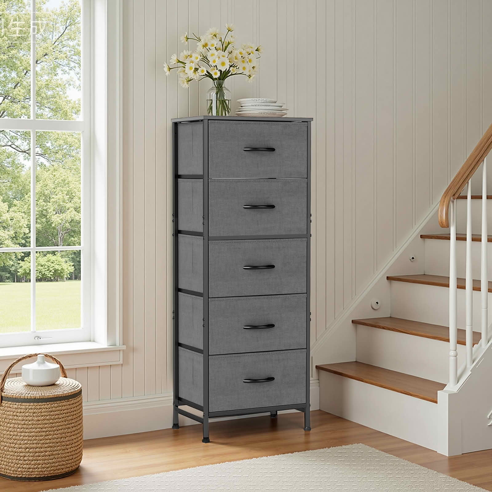 MAYEERTY 5 Drawer Fabric Dresser with Wooden Top, Steel Frame Storage Chest Organizer for Bedroom Nursery Entryway