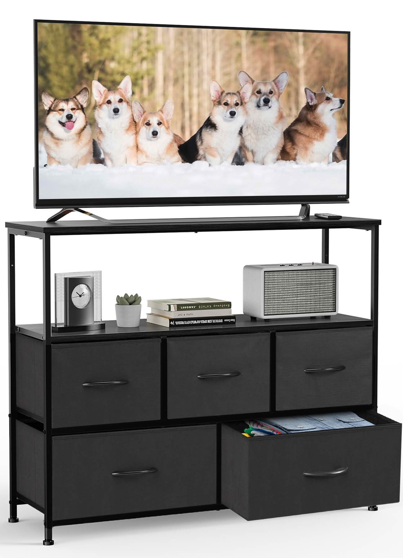 MAYEERTY Fabric Dresser TV Stand Combo, 5 Drawers Storage Tower with Wooden Top, Multifunctional Organizer for Bedroom Living Room Nursery