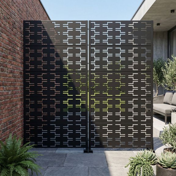 MAYEERTY 5-Panel Rectangular Black Galvanized Steel Outdoor Privacy Screen with Brick Pattern for Garden Patio Yard, 30 X 59 Inch, Double-Sided