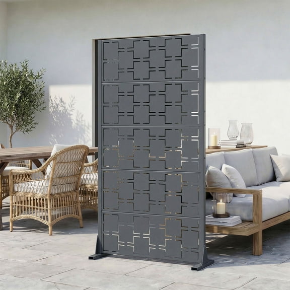 MAYEERTY 5-Panel Rectangular Cambrian Gray Galvanized Steel Outdoor Privacy Screen with Square Grid Pattern for Garden Patio Yard, 30 X 59 Inch
