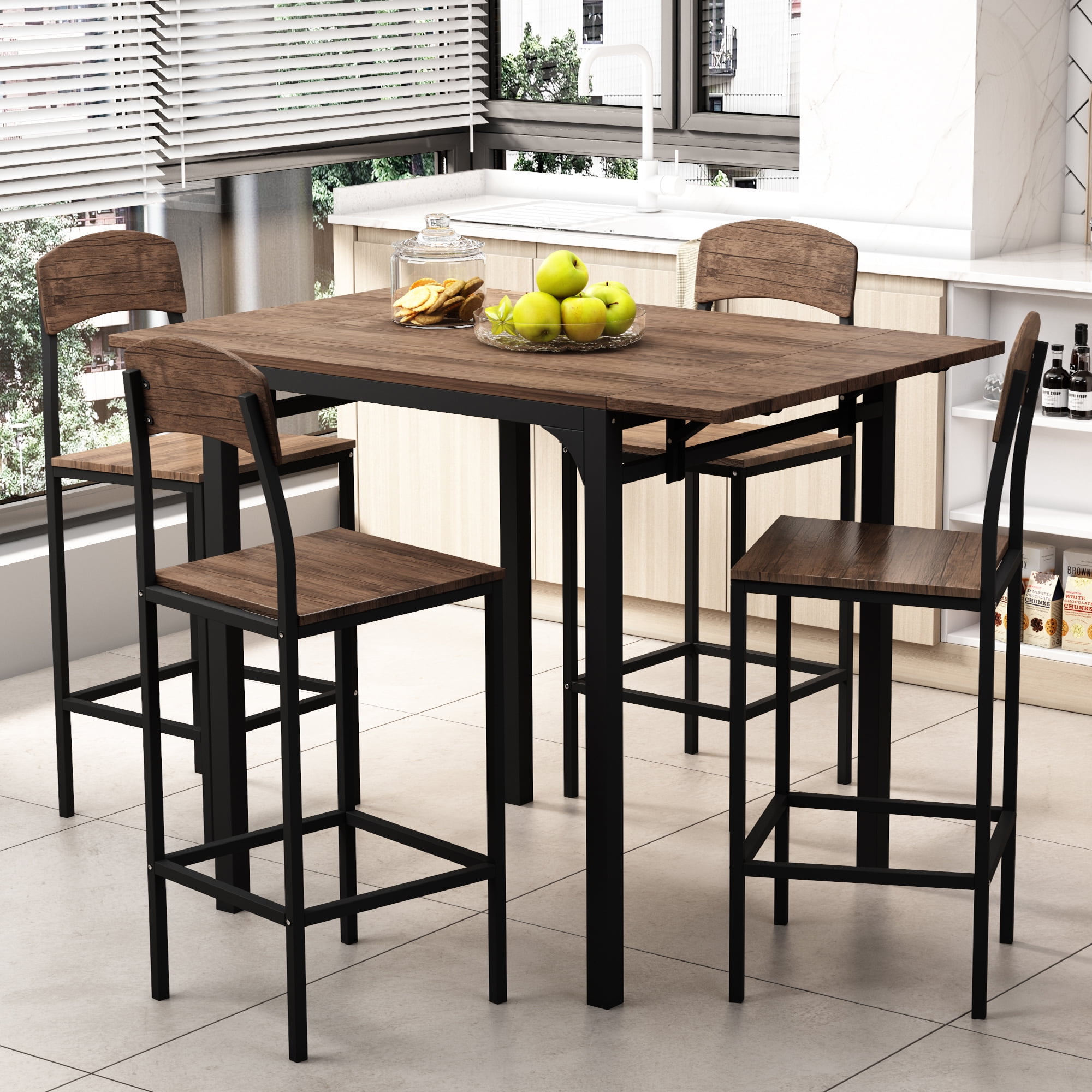 MAYEERTY 5-Piece Counter Height Dining Set for 4, Drop Leaf, Farmhouse Table & Chairs, Brown