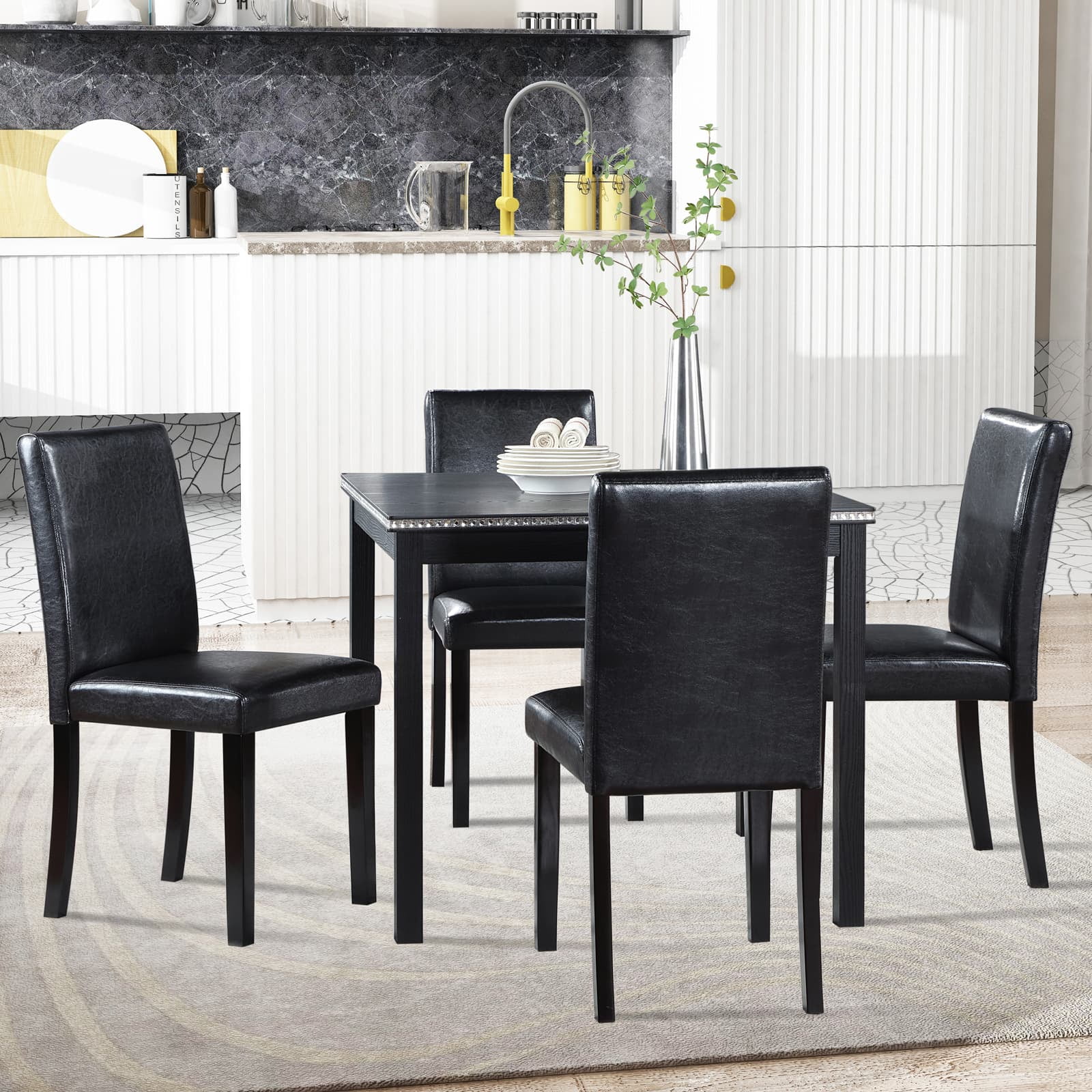 MAYEERTY 5-Piece Wooden Dining Table Set Square Table 4 Upholstered Chairs Crystal Decoration Black for Kitchen Dining Room