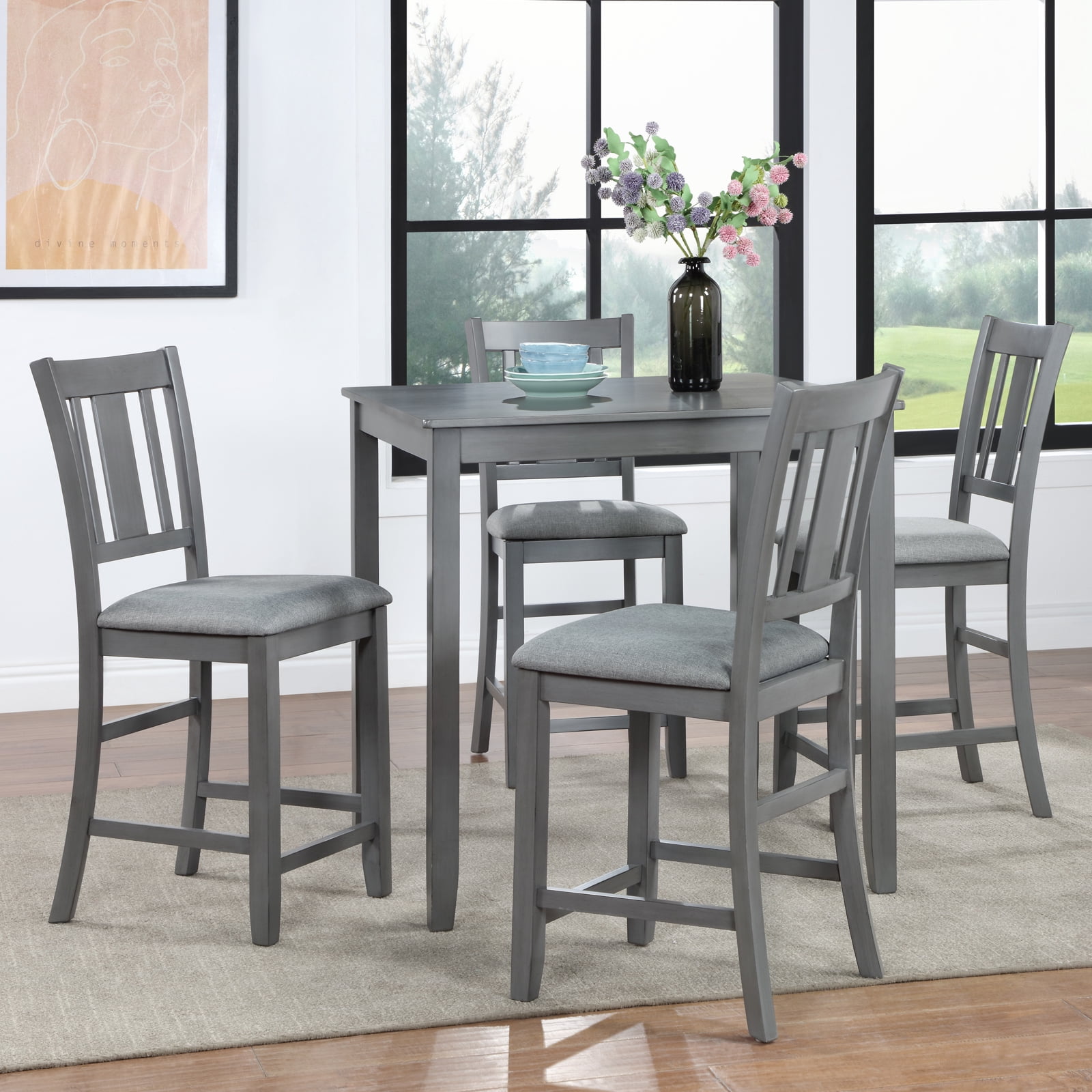 MAYEERTY 5 Piece Dining Table Set, Wooden Dining Square Table Set for 4, Counter Height Kitchen Table Set with Square Table and 4 Upholstered Chairs for Small Space, Gray