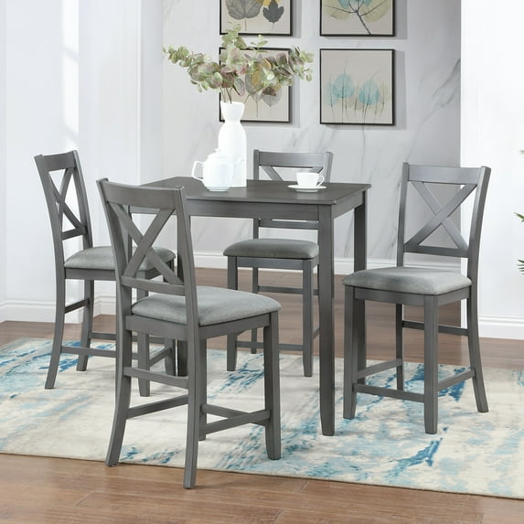 MAYEERTY 5 Piece Dining Table Set, Wooden Dining Square Table Set for 4, Counter Height Kitchen Table Set with Square Table and 4 Upholstered Chairs for Small Space, Gray