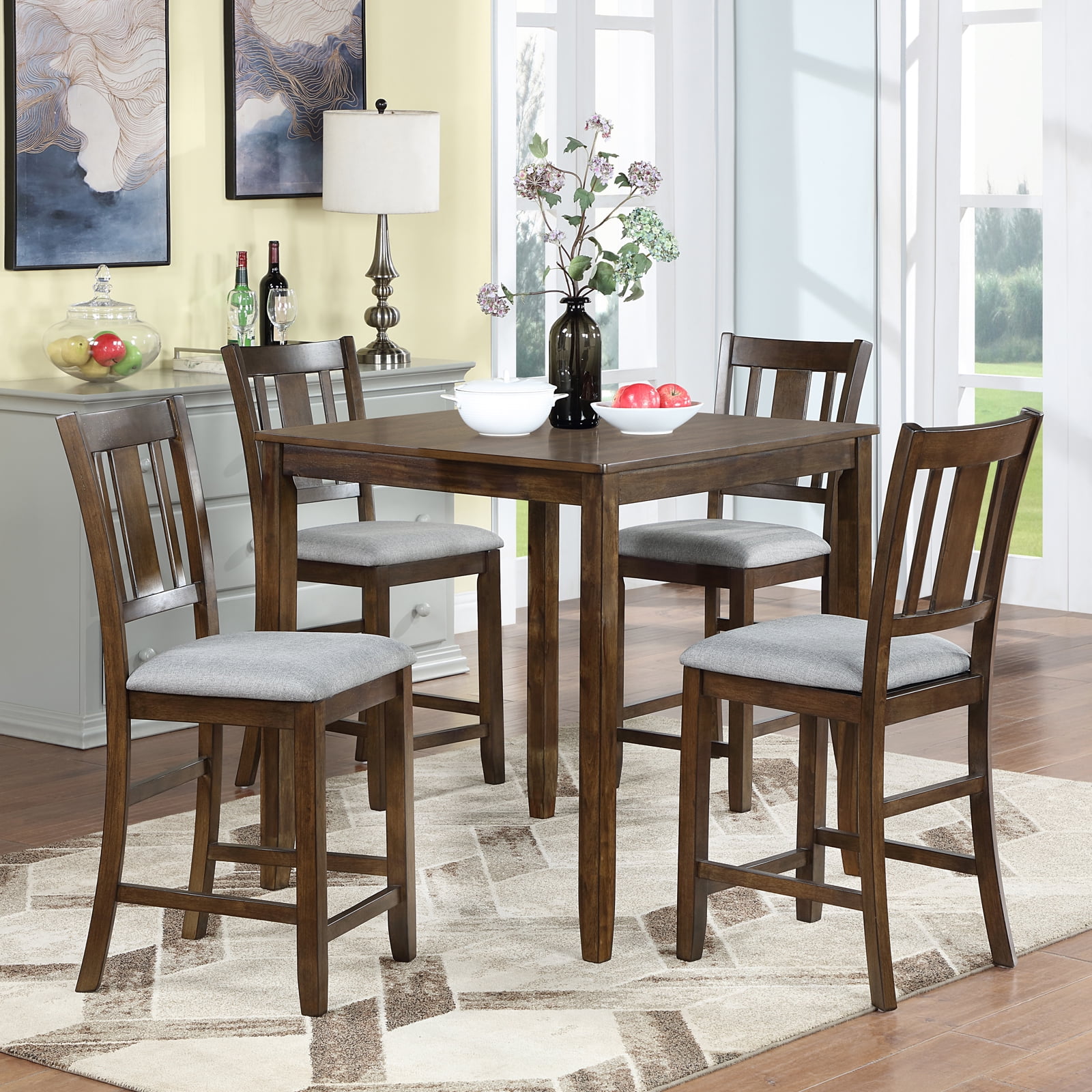 MAYEERTY 5 Piece Dining Table Set, Wooden Dining Square Table Set for 4, Counter Height Kitchen Table Set with Square Table and 4 Upholstered Chairs for Small Space, Walnut