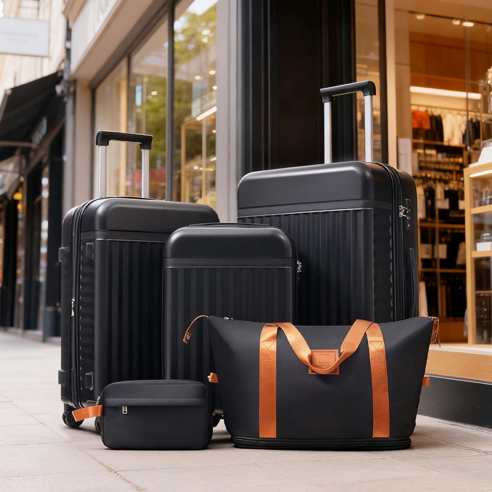 MAYEERTY 5-Piece Expandable Luggage Set (20"+24"+28"+Duffel+Toiletry Bag), ABS Hardside with TSA Lock & Spinner Wheels, Black