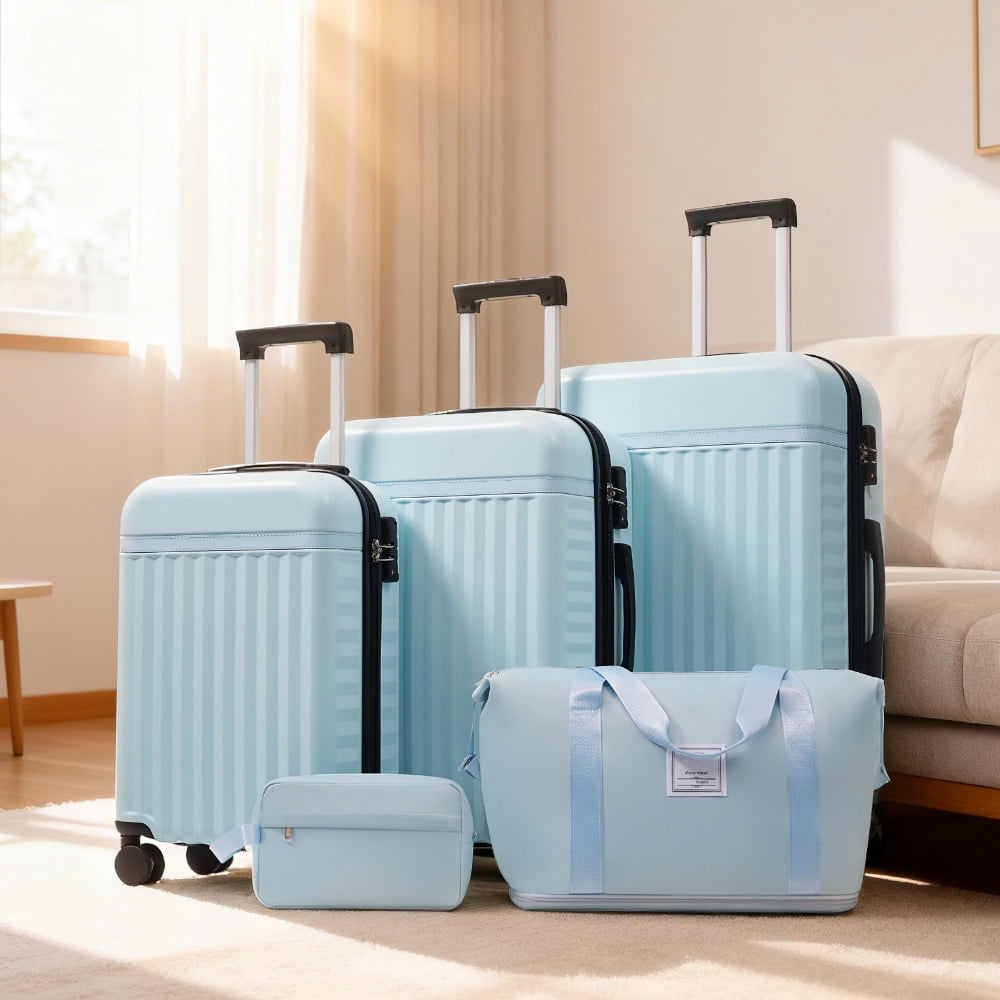 MAYEERTY 5-Piece Expandable Luggage Set (20"+24"+28"+Duffel+Toiletry Bag), ABS Hardside with TSA Lock & Spinner Wheels, Blue