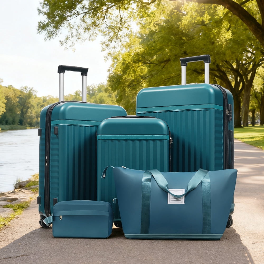 MAYEERTY 5-Piece Expandable Luggage Set (20"+24"+28"+Duffel+Toiletry Bag), ABS Hardside with TSA Lock & Spinner Wheels, Green