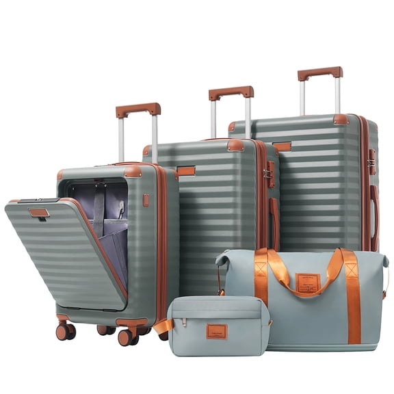 MAYEERTY 5-Piece Hardside Luggage Travel Set with TSA Lock,Front Opening,USB Port,Cup Holder,Duffle & Toiletry Bag