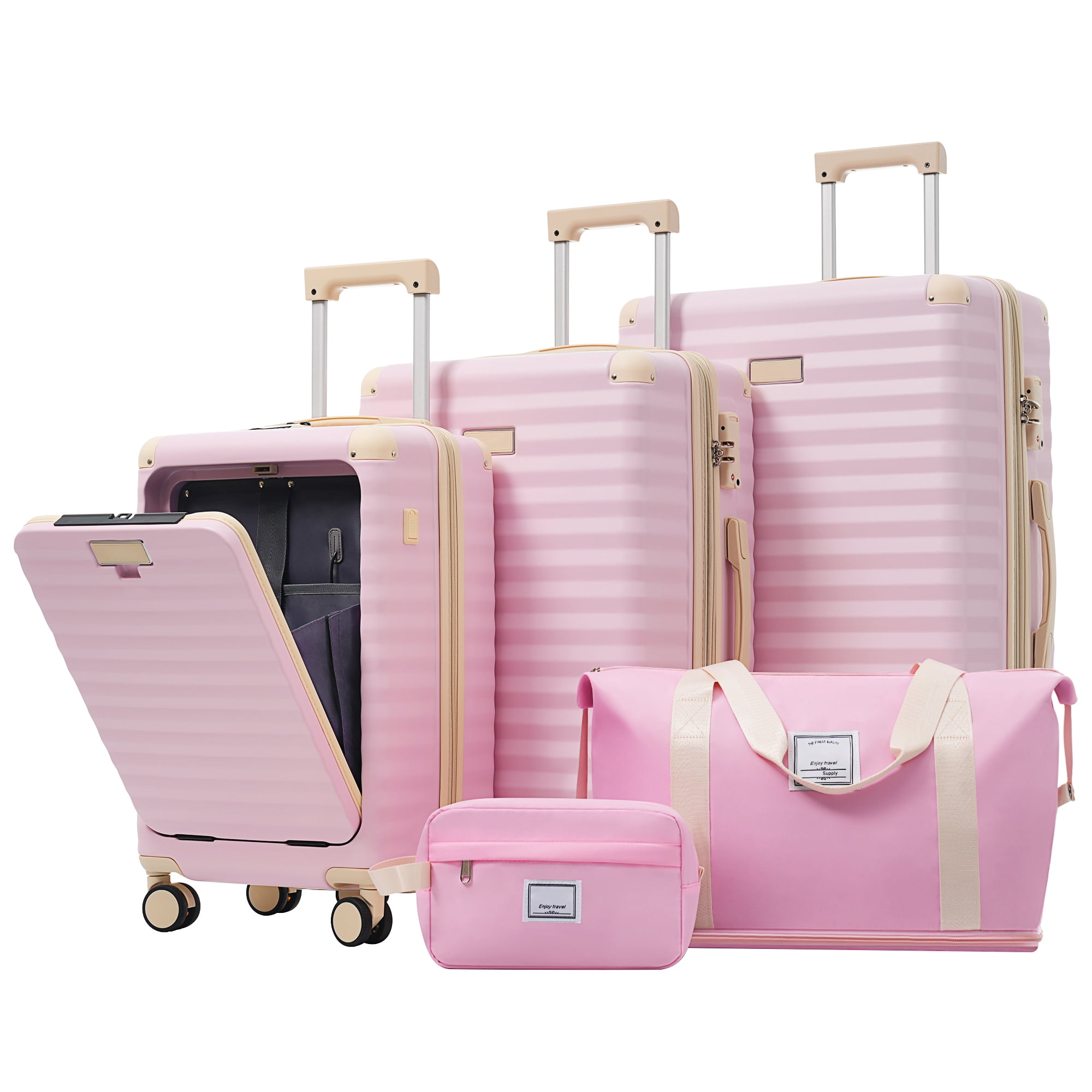 MAYEERTY 5-Piece Hardside Luggage Travel Set with TSA Lock,Front Opening,USB Port,Cup Holder,Duffle & Toiletry Bag