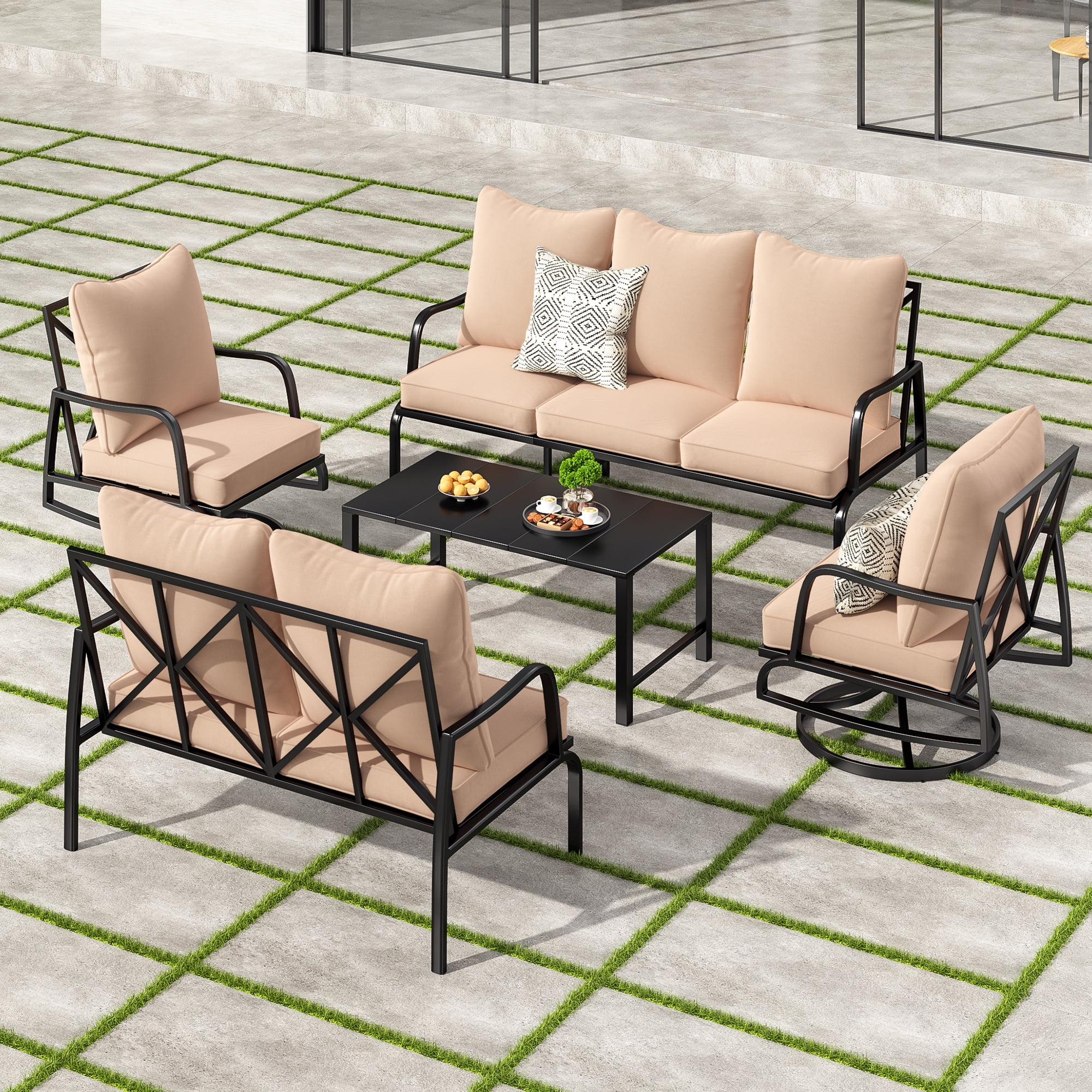 MAYEERTY 5-Piece Metal Frame Outdoor Patio Set with Swivel Chairs, 3-Seater Sofa, Loveseat and Coffee Table