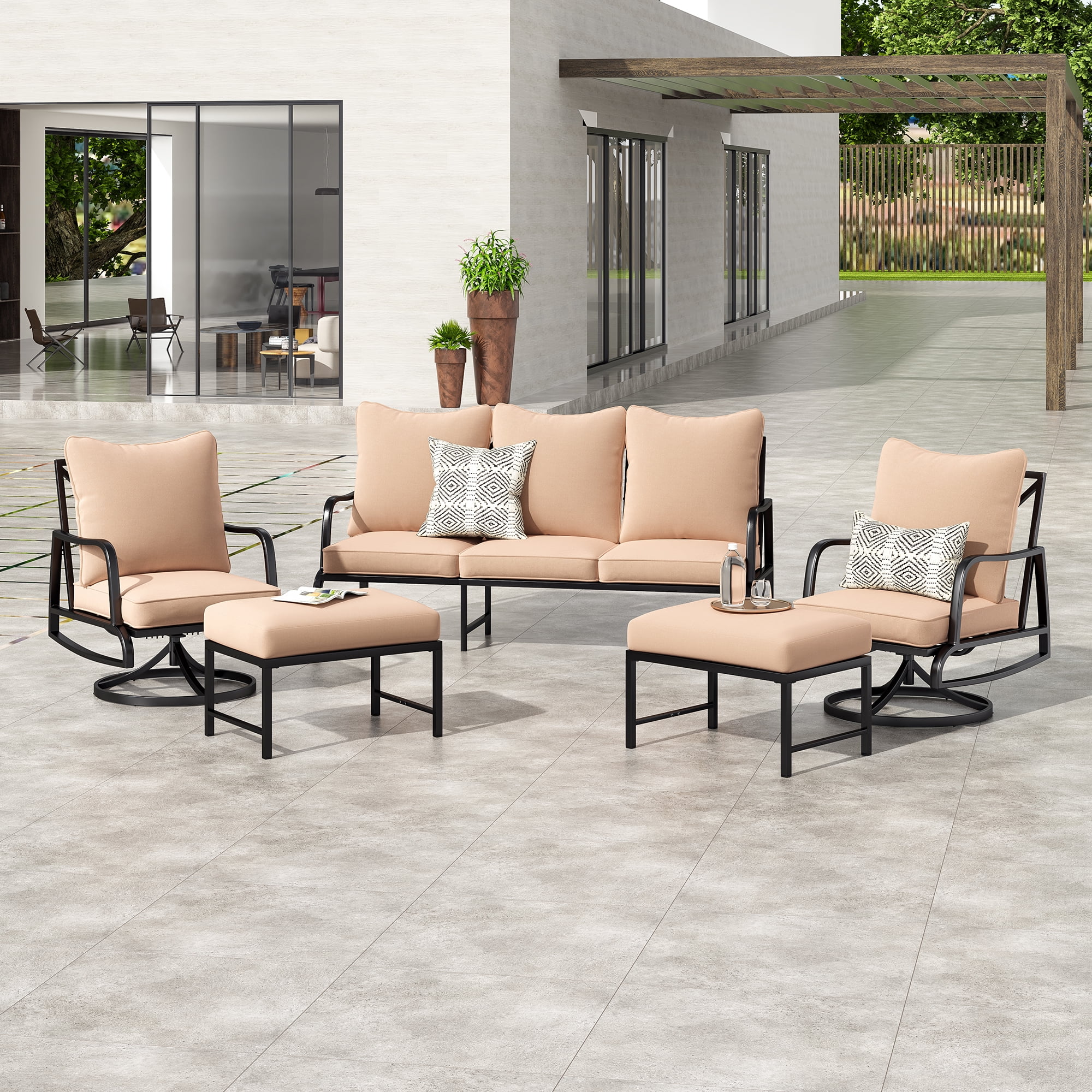 MAYEERTY 5-Piece Metal Frame Outdoor Patio Set with Swivel Chairs, Three-Seater Sofa, and Ottomans