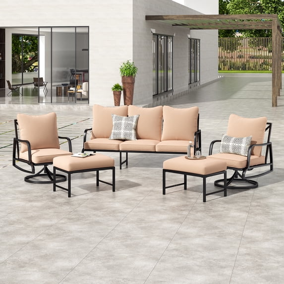 MAYEERTY 5-Piece Metal Frame Outdoor Patio Set with Swivel Chairs, Three-Seater Sofa, and Ottomans