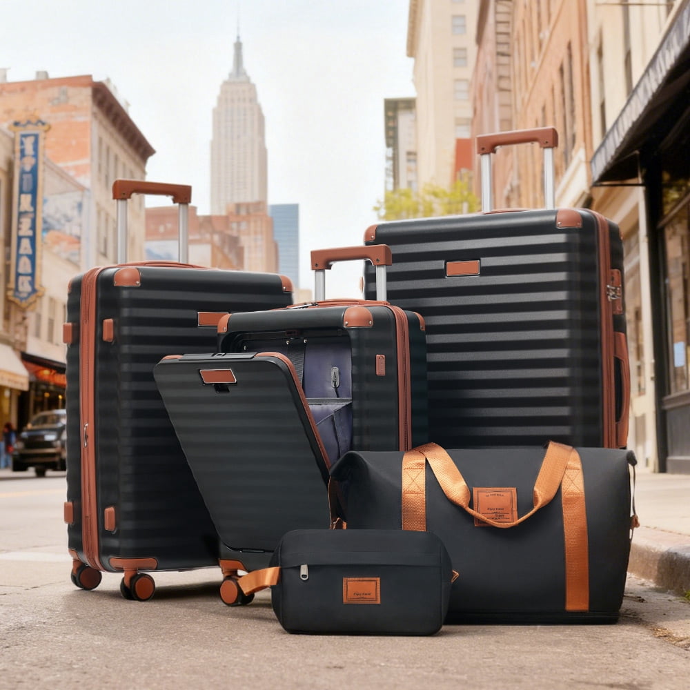 MAYEERTY 5-Piece Minimalist Luggage Set - 20" Front Opening Carry-On with USB/Cup Holder + 24"+28" Expandable + Duffel & Toiletry Bag