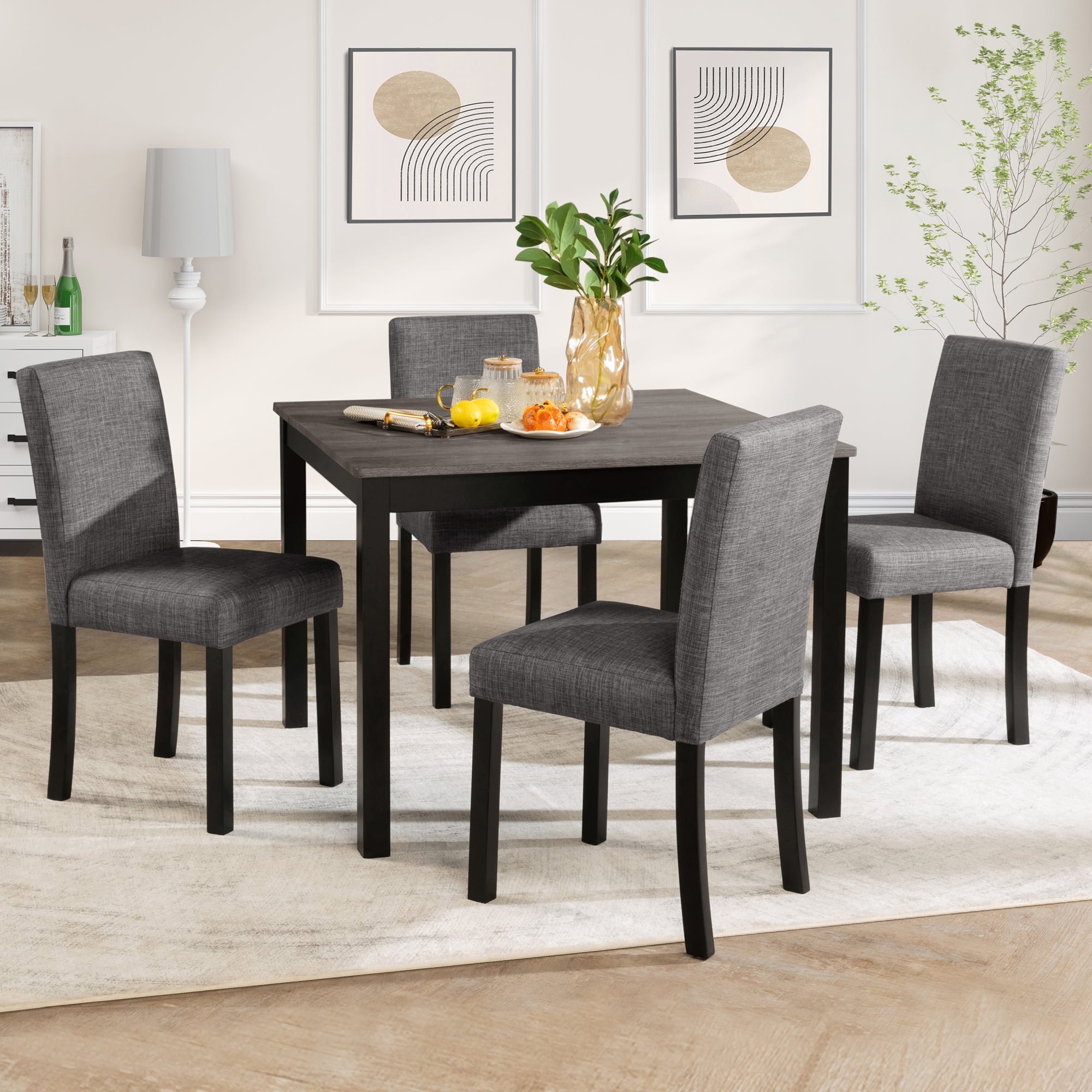 MAYEERTY 5 Piece Modern Dining Set, Square Wooden Dining Table with 4 Upholstered Chairs for Kitchen, Dining Room, Gray