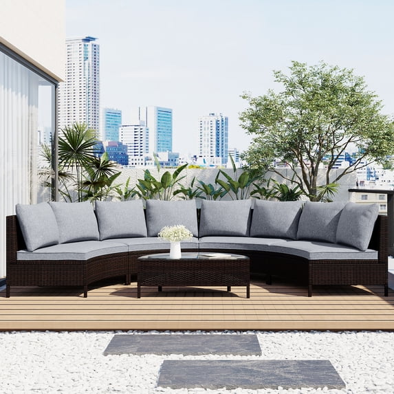 MAYEERTY 5-Piece Outdoor Rattan Sofa Set – All-Weather Half-Moon Sectional Patio Furniture with Tempered Glass Table & Cushions