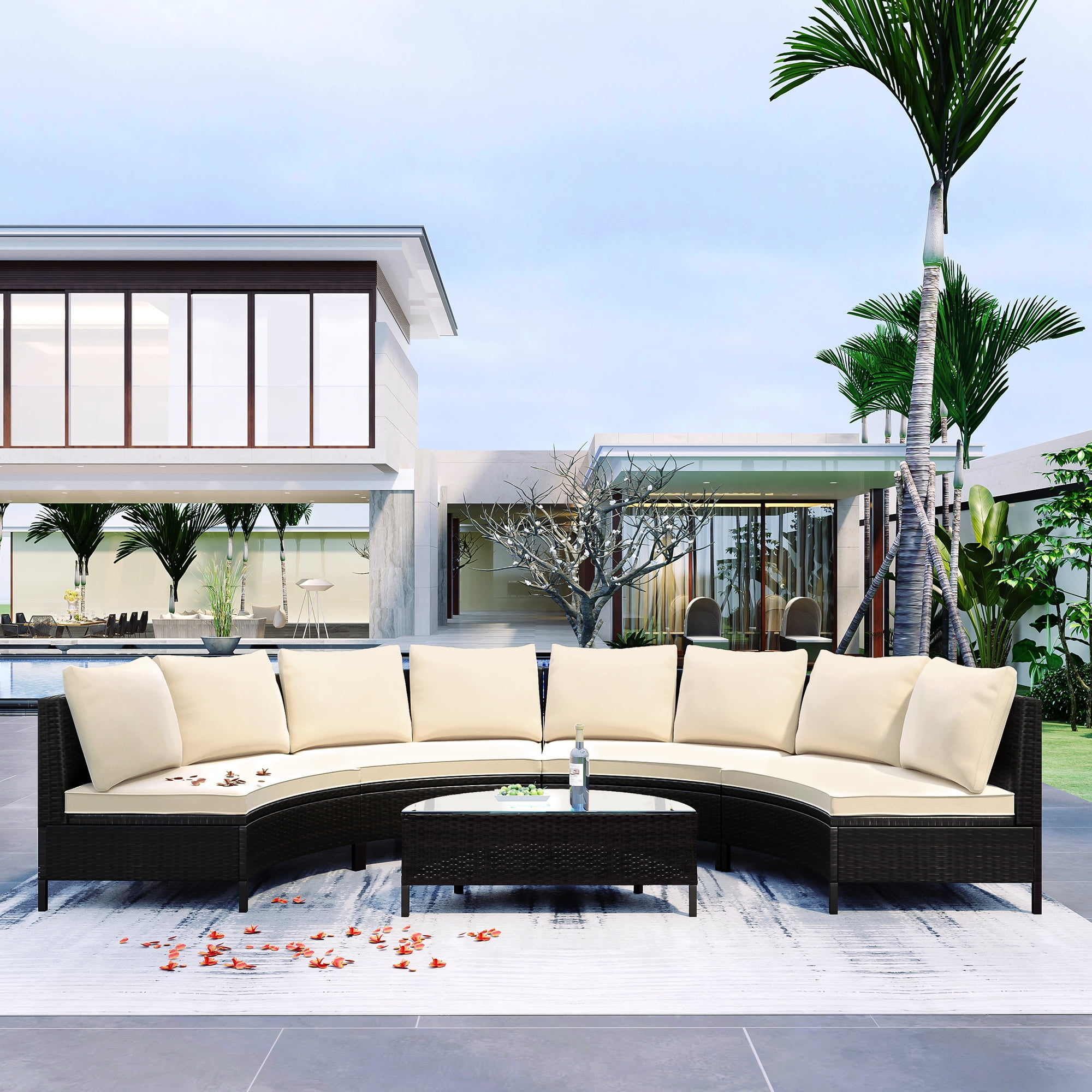 MAYEERTY 5-Piece Outdoor Rattan Sofa Set – All-Weather Half-Moon Sectional Patio Furniture with Tempered Glass Table & Cushions