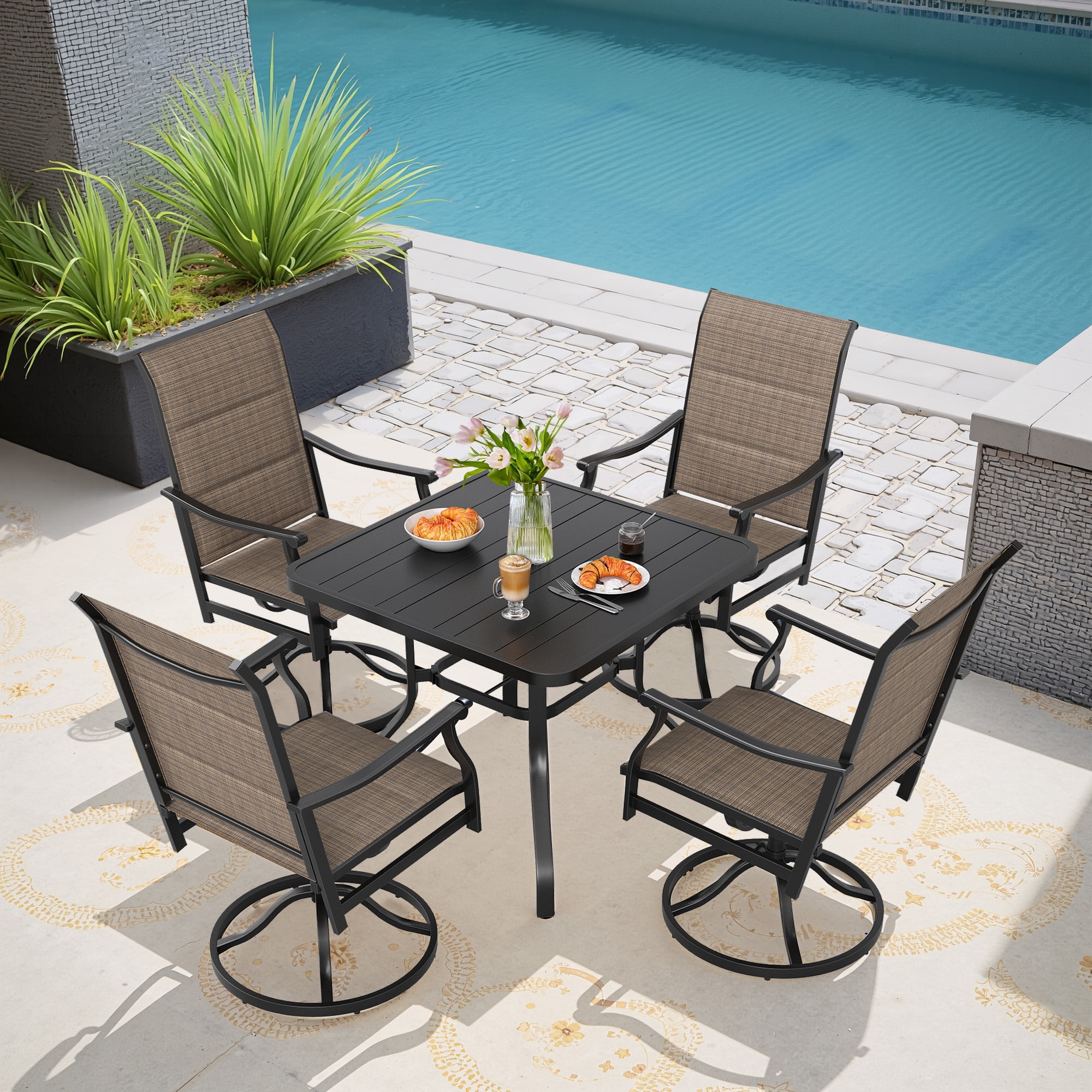 MAYEERTY 5-Piece Patio Dining Set:1 Black Square Table with 1.57" Umbrella Hole & 4 Brown Swivel Paded Textilene Chairs