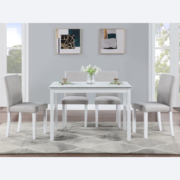 MAYEERTY 5-Piece Wooden Dining Table Set Rectangular Table 4 Upholstered Chairs Crystal Decoration White for Kitchen Dining Room