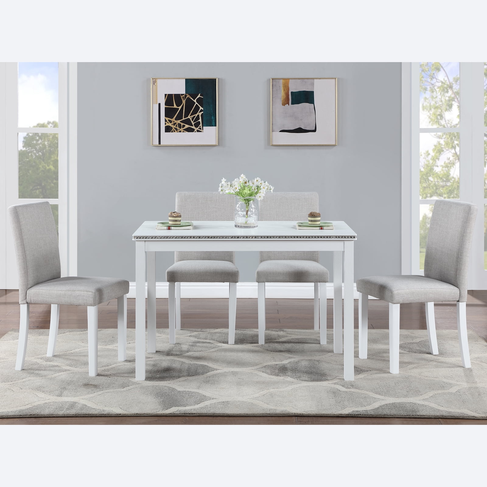 MAYEERTY 5 Piece Wooden Dining Table Set, Kitchen Table Set with a Rectangular Table and 4 Upholstered Chairs, Wooden Dining Room Table with Crystal Decoration Chairs Set ,White