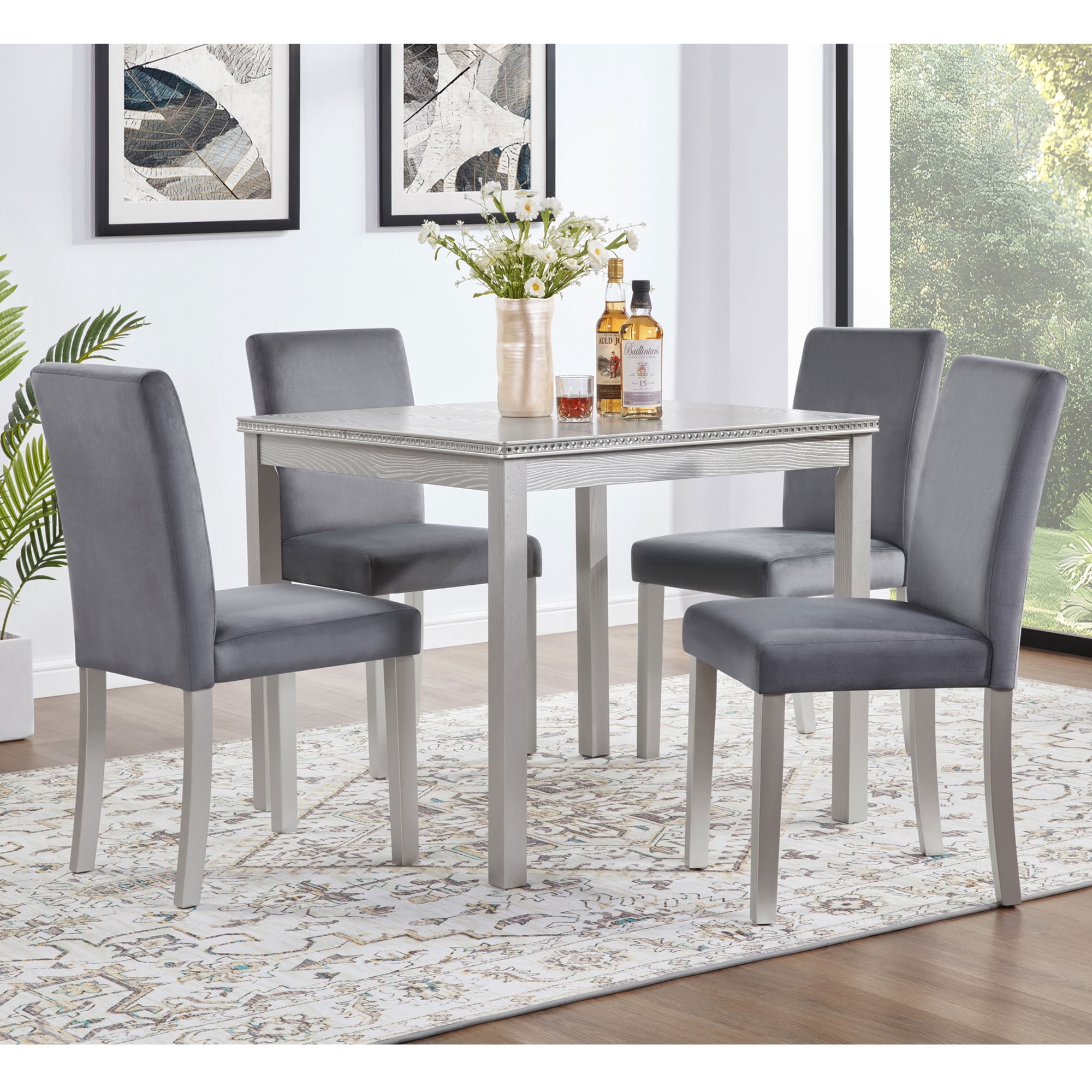 MAYEERTY 5-Piece Wooden Dining Table Set with 4 Upholstered Chairs for Kitchen Dining Room, Silver Grey