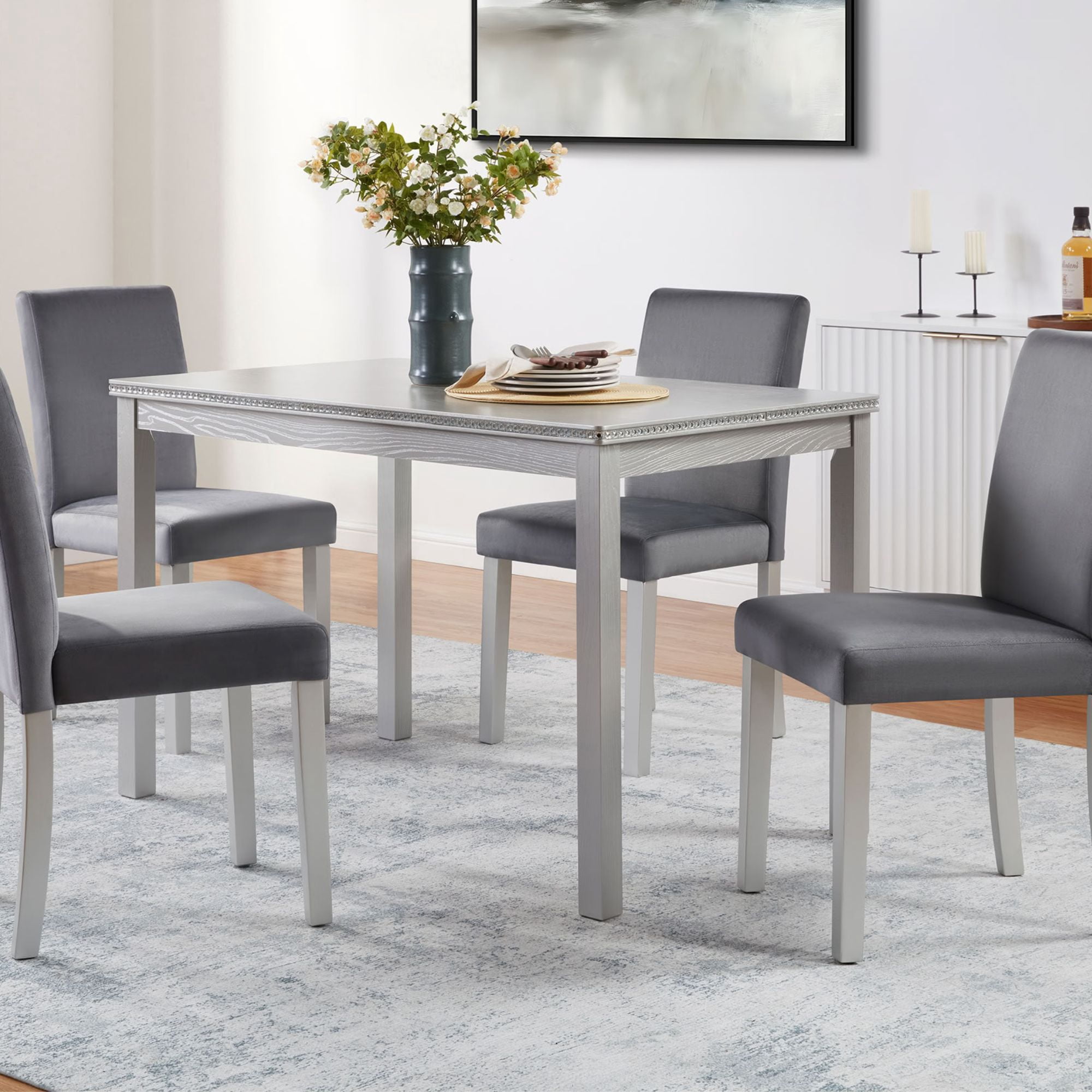 MAYEERTY 5-Piece Wooden Dining Table Set with 4 Upholstered Chairs for Kitchen Dining Room, Silver Grey