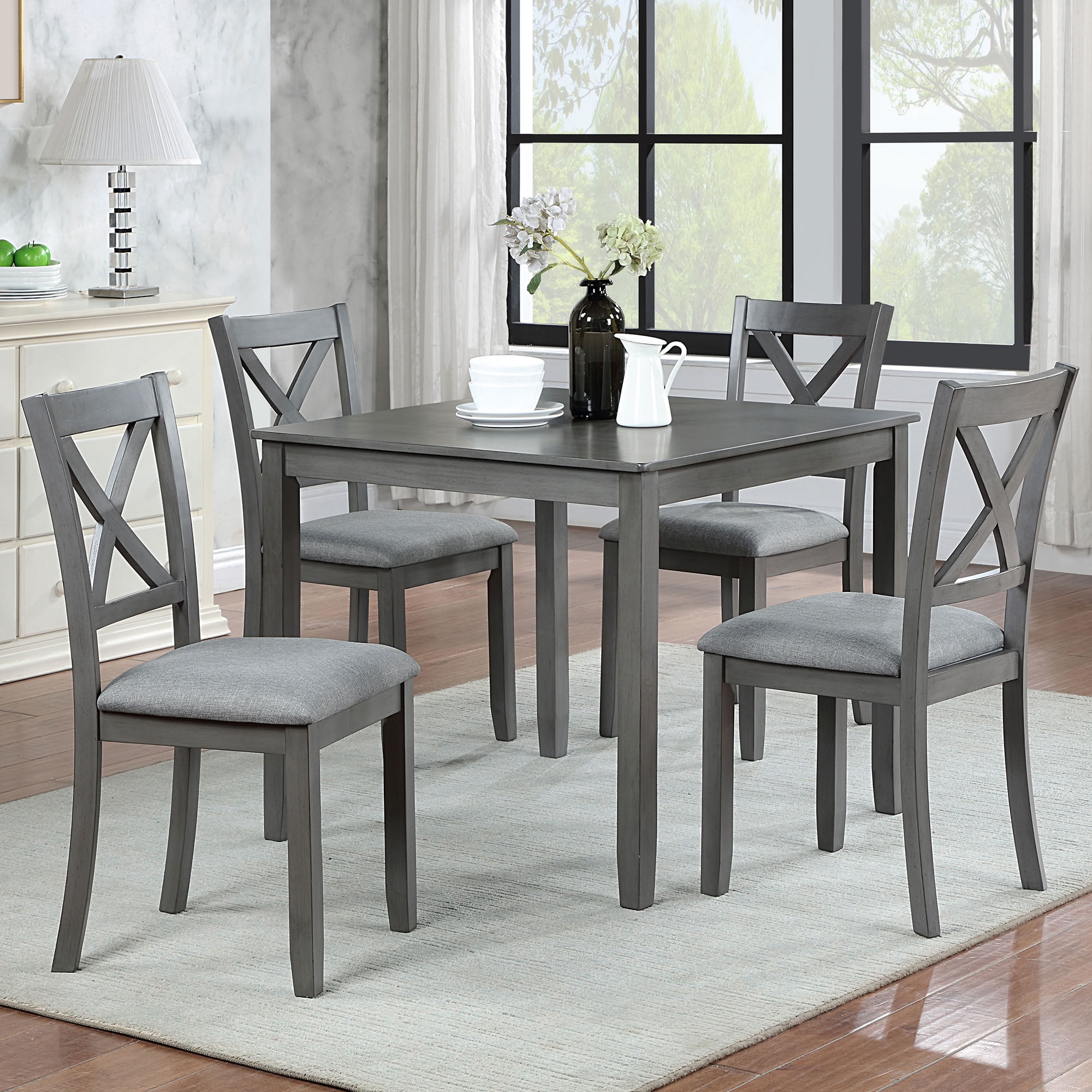 MAYEERTY 5-Piece Wooden Dining Table and Chairs Set for 4, Upholstered Dining Set with Water-Oil Resistant Tabletop for Kitchen Dining Room