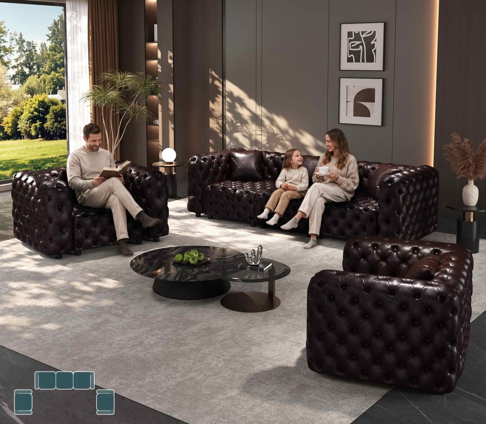 MAYEERTY 5‑Seat Faux‑Leather Modular Sofa, Handcrafted Button Tufted Couch with 5 Pillows for Living Room & Small Apartment
