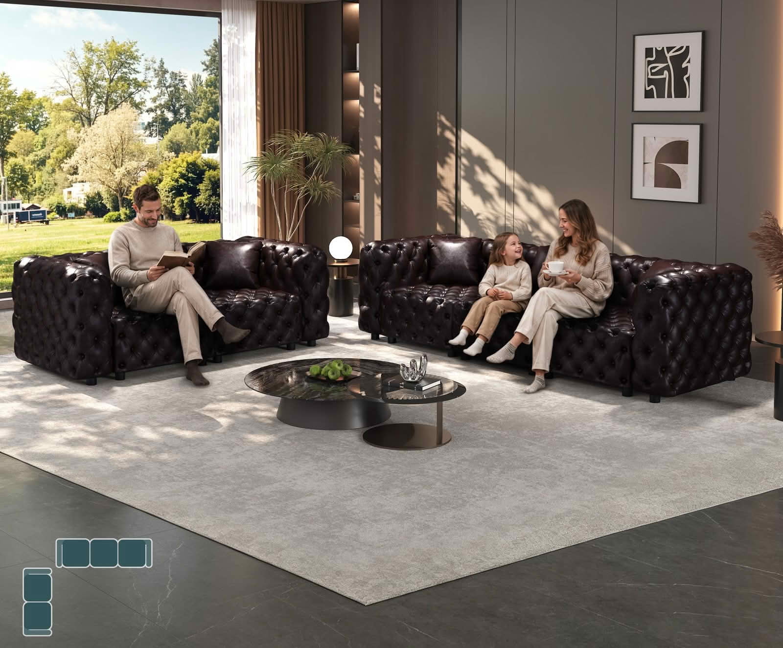 MAYEERTY 5‑Seat Faux‑Leather Modular Sofa, Handcrafted Button Tufted Couch with 5 Pillows for Living Room & Small Apartment