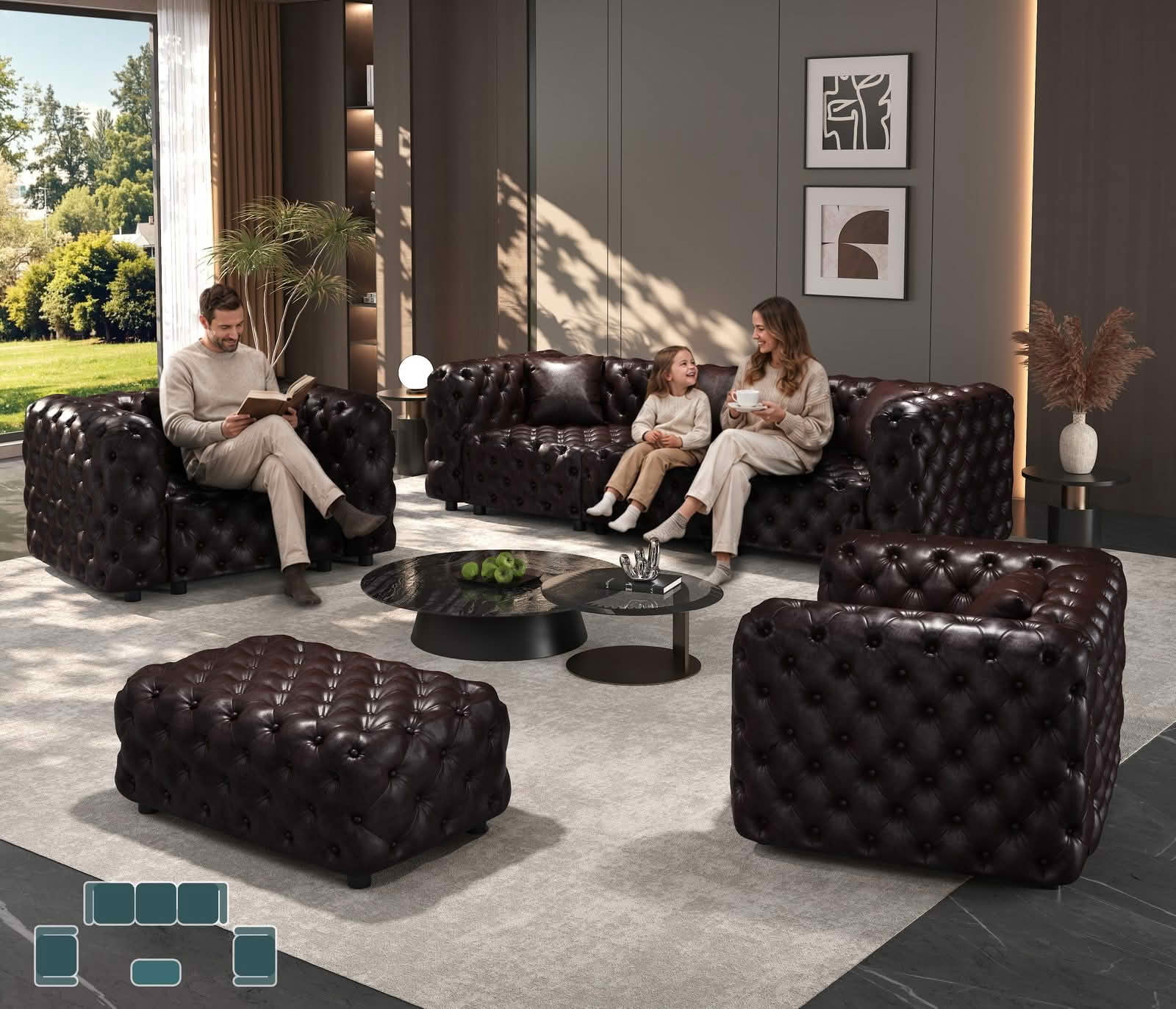 MAYEERTY 5‑Seat Faux‑Leather Modular Sofa Set, Handcrafted Button Tufted Couch with Ottoman & 5 Pillows for Living Room & Small Apartment