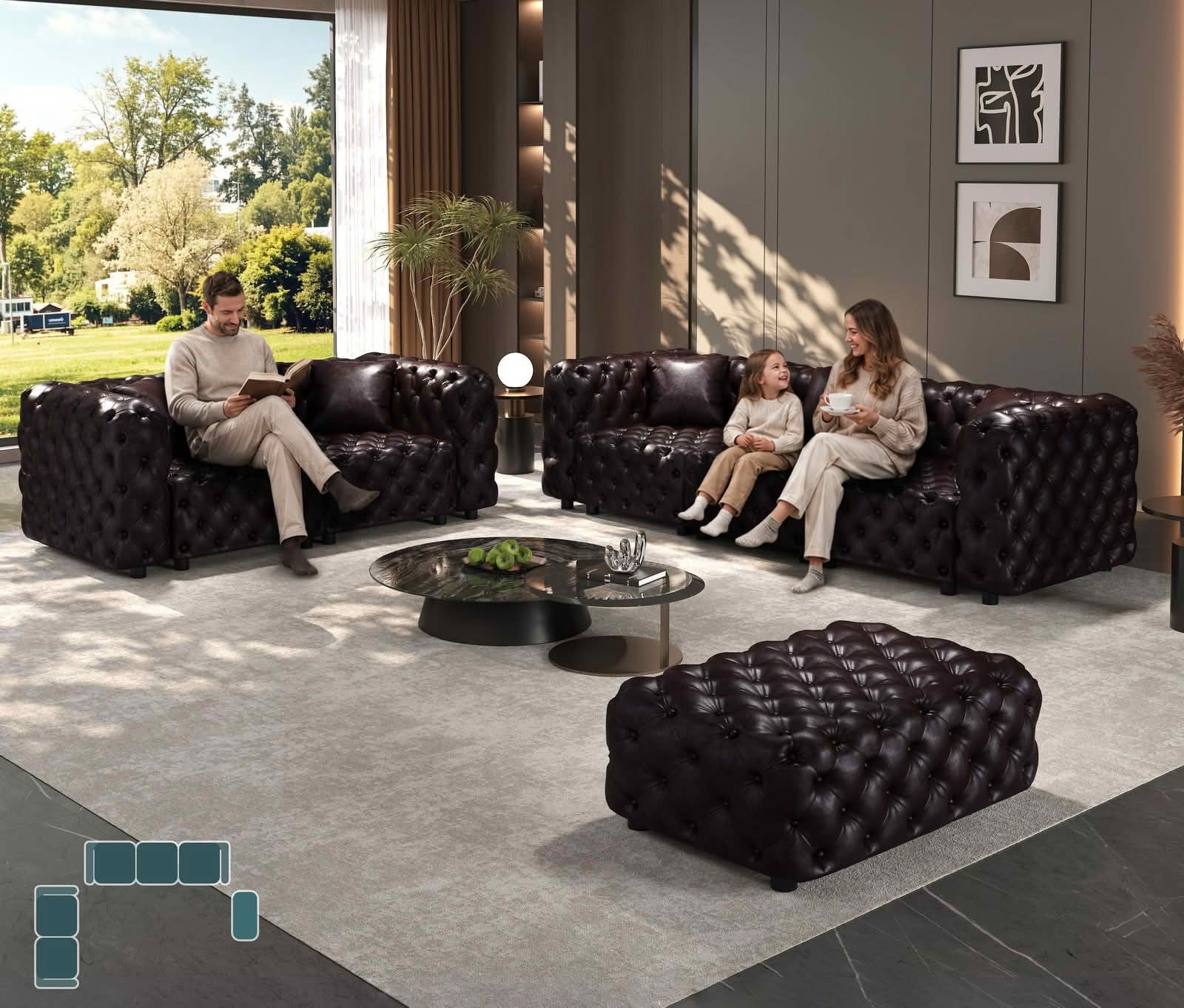 MAYEERTY 5‑Seat Faux‑Leather Modular Sofa Set, Handcrafted Button Tufted Couch with Ottoman & 5 Pillows for Living Room & Small Apartment