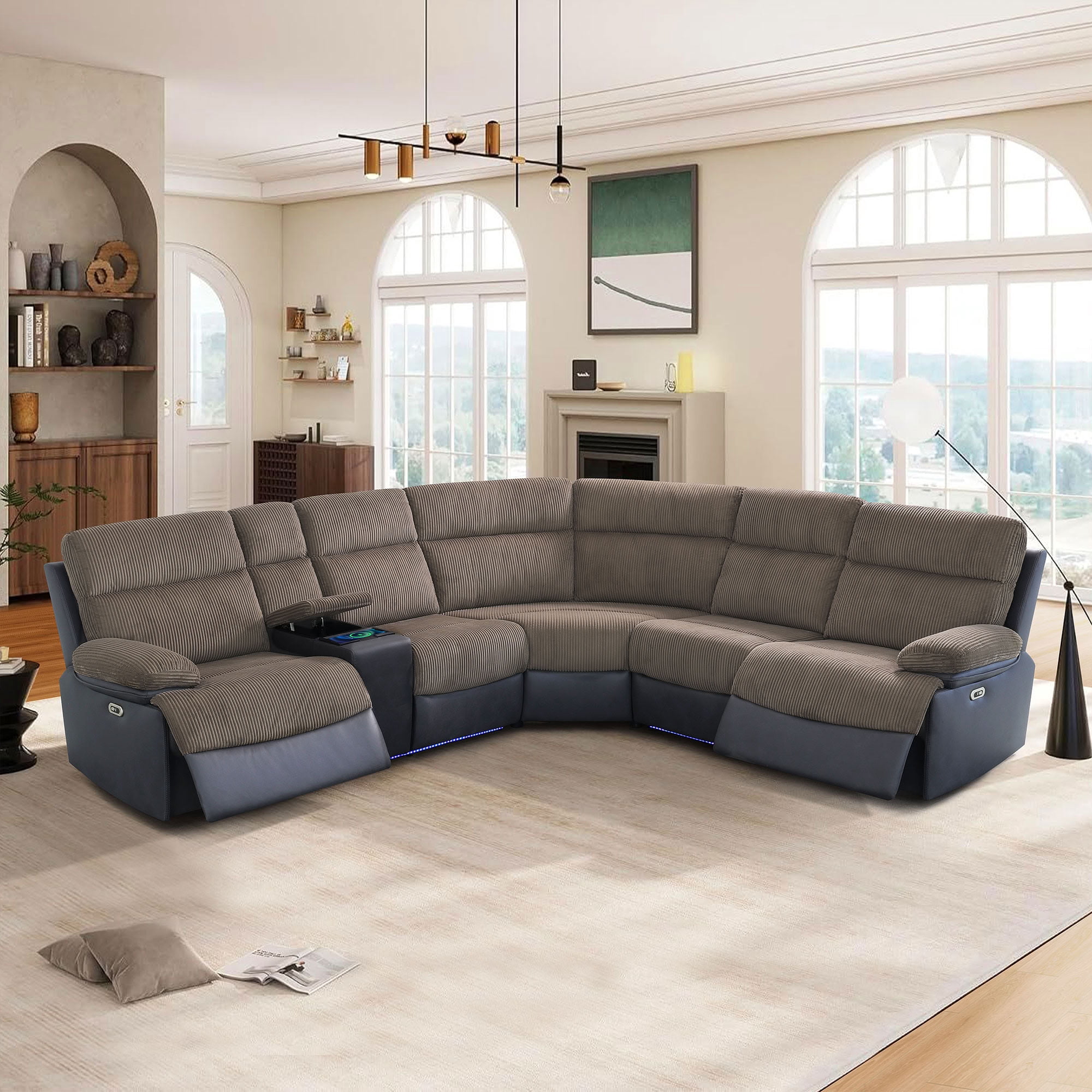 MAYEERTY 5-Seater Recliner Sofa Set, Intelligent Reclining Couch with Wireless Charging, USB Ports, LED Lights, for Living Room, Home Theater