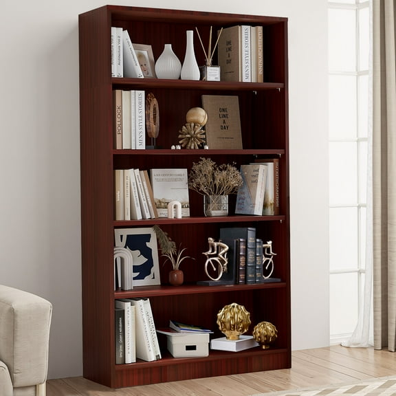 MAYEERTY 5-Shelf Black Wood Bookcase, 60" Tall, for Bedroom, Cherry