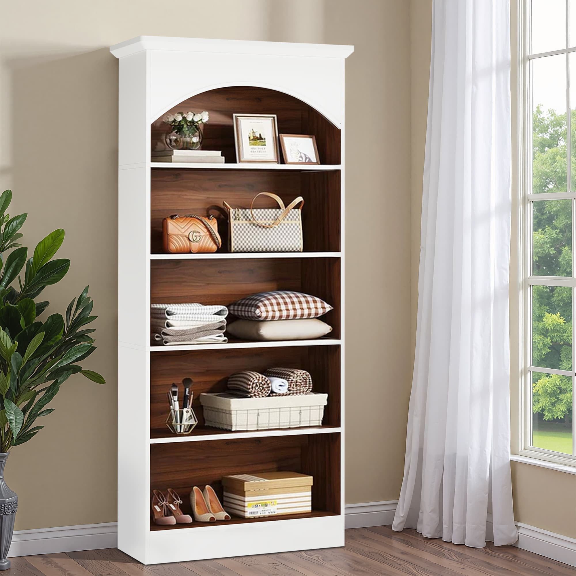 MAYEERTY 70.9" 5-Tier Tall Storage Bookcase, Waterproof Melamine Particleboard Display Shelf with Anti-Tip Accessories