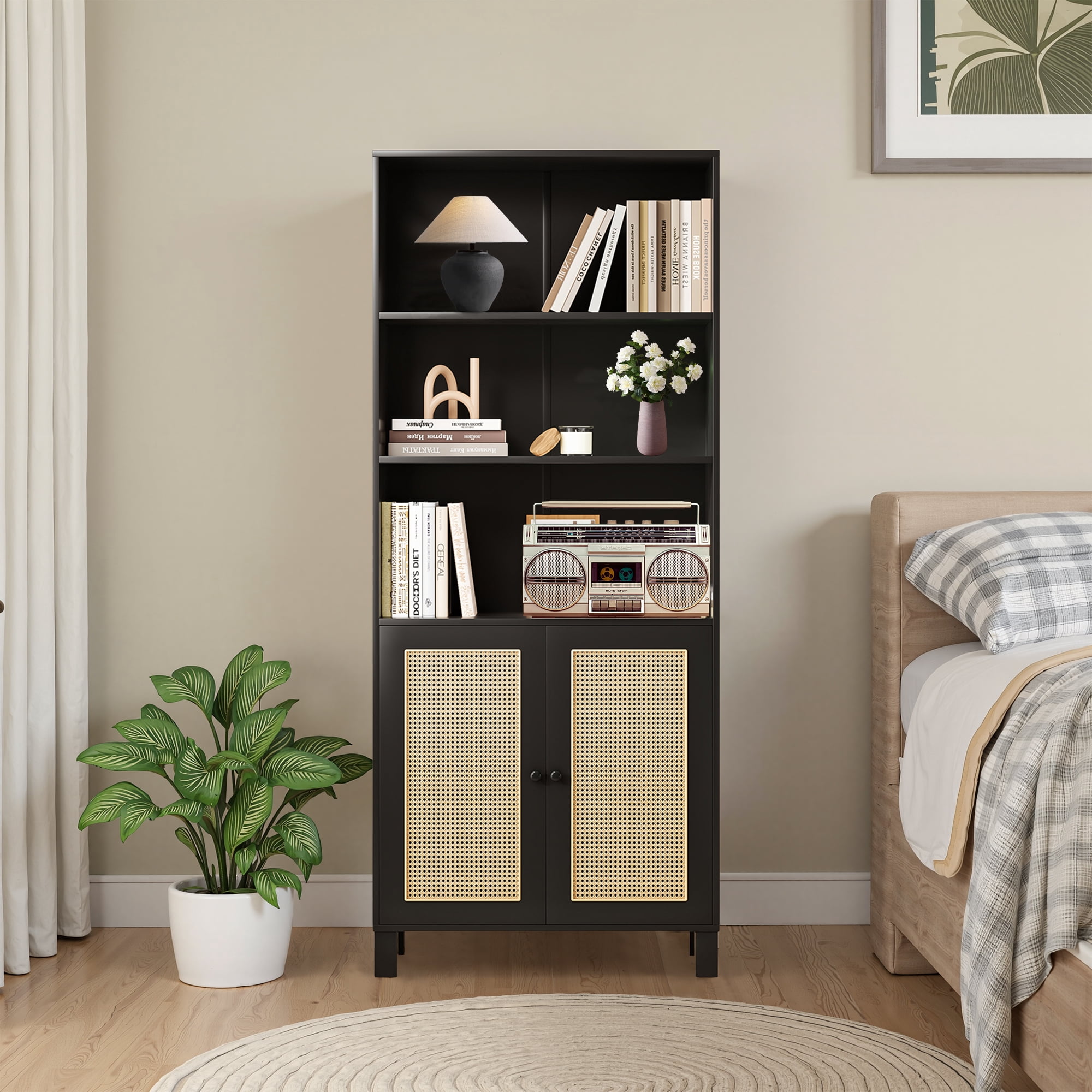 MAYEERTY 5-Shelf Bookcase with Rattan Doors, Tall Display Shelves for Home Office & Bedroom, Black
