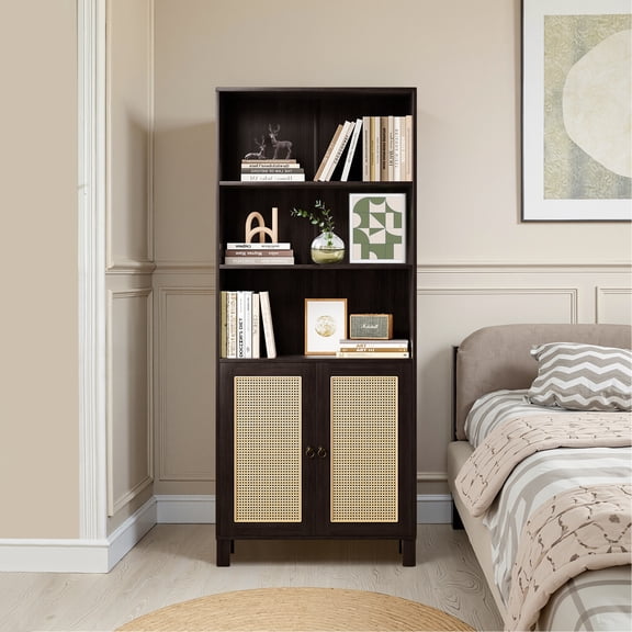 MAYEERTY 5-Shelf Bookcase with Rattan Doors, Tall Display Shelves for Home Office & Bedroom,Dark Walnut
