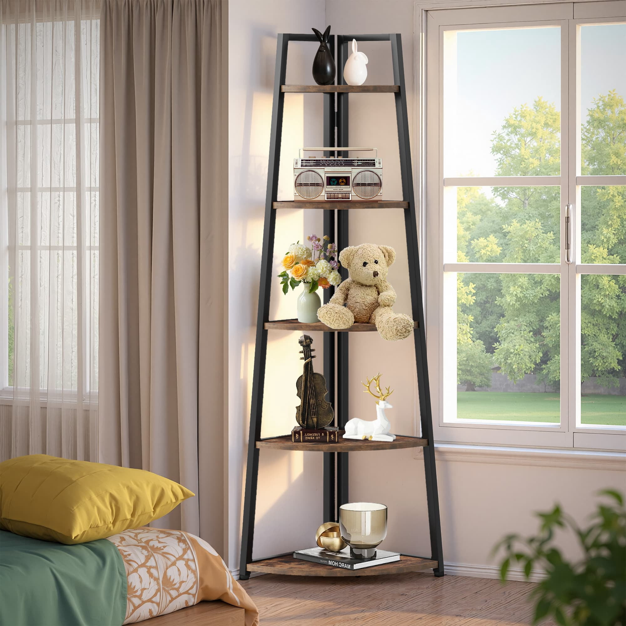 MAYEERTY Space-Saving 5-Tier Corner Ladder Bookcase, 70" Tall Storage Organizer for All Corners of Your Home